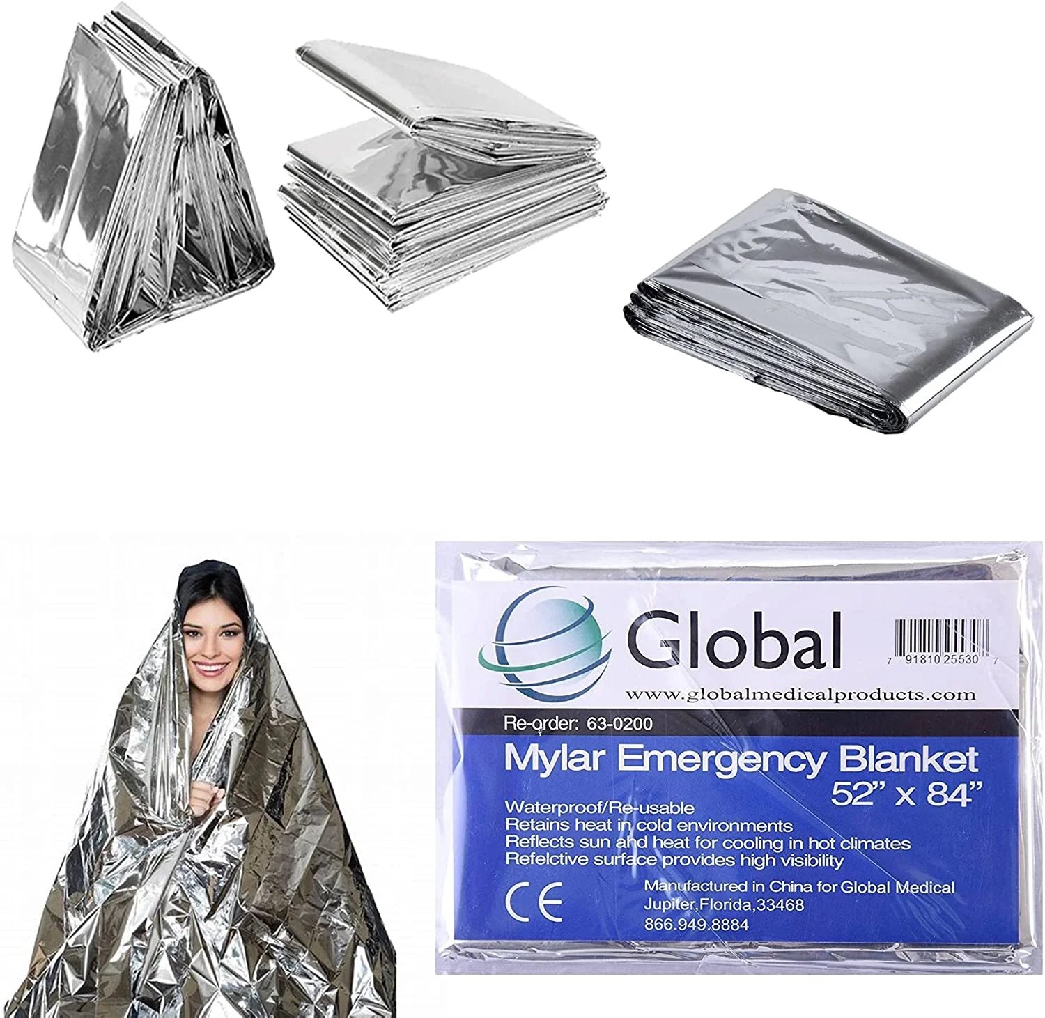 Global Mylar Emergency Blanket Camping, Thermal, Survival, Safety, Insulating Heat 84" x 52