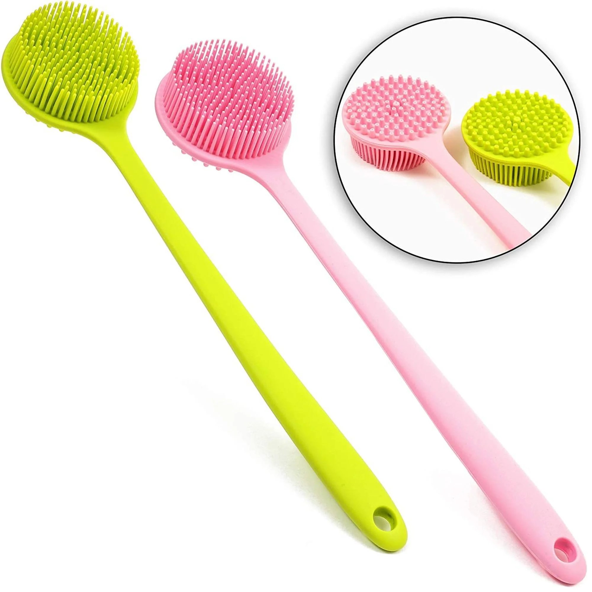 2Pack Bath Brush with Extra Long Handle, Silicone Back Scrubber