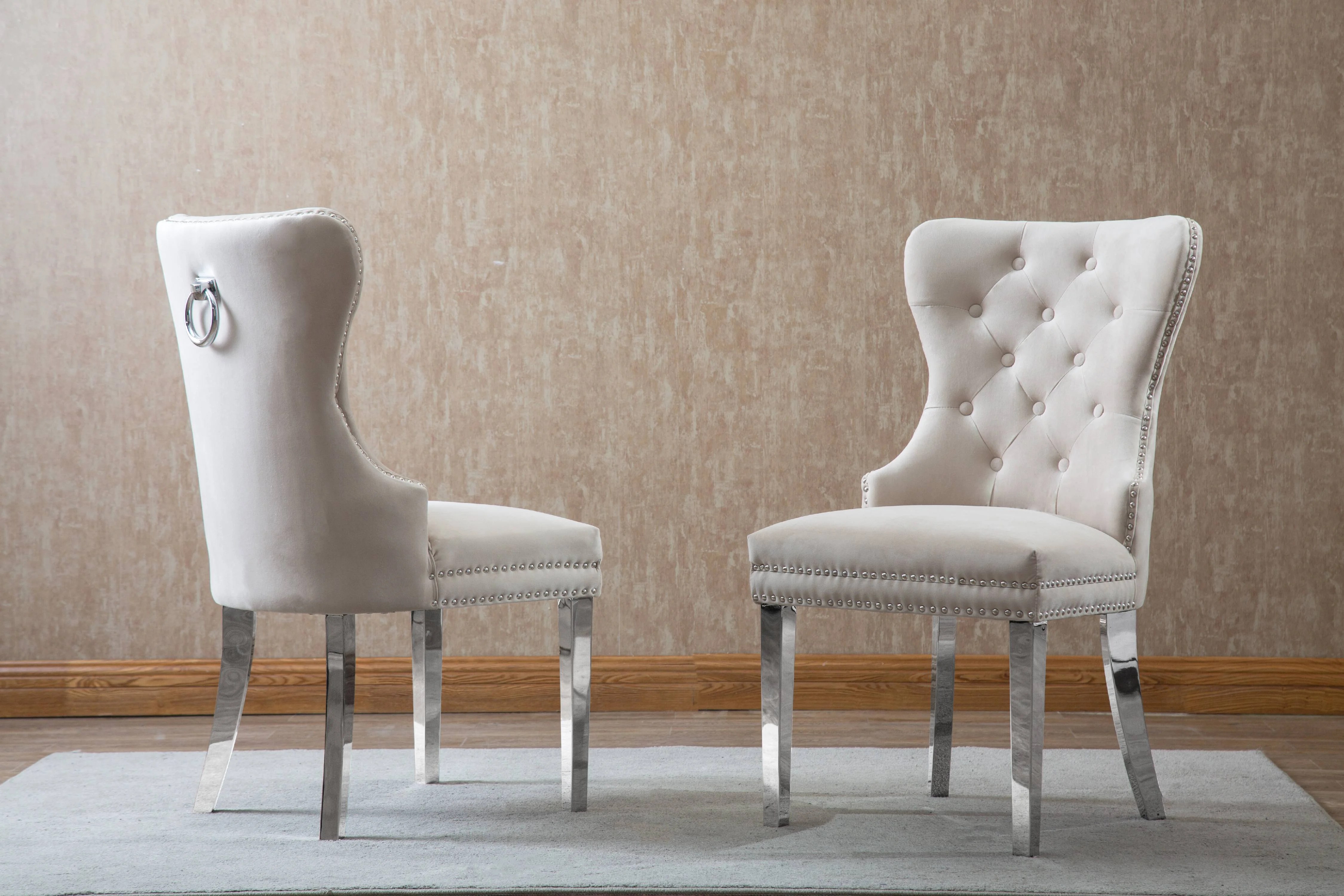 UpholstoredFufted Side Chair with Stainless Steel Legs & Ring Handle