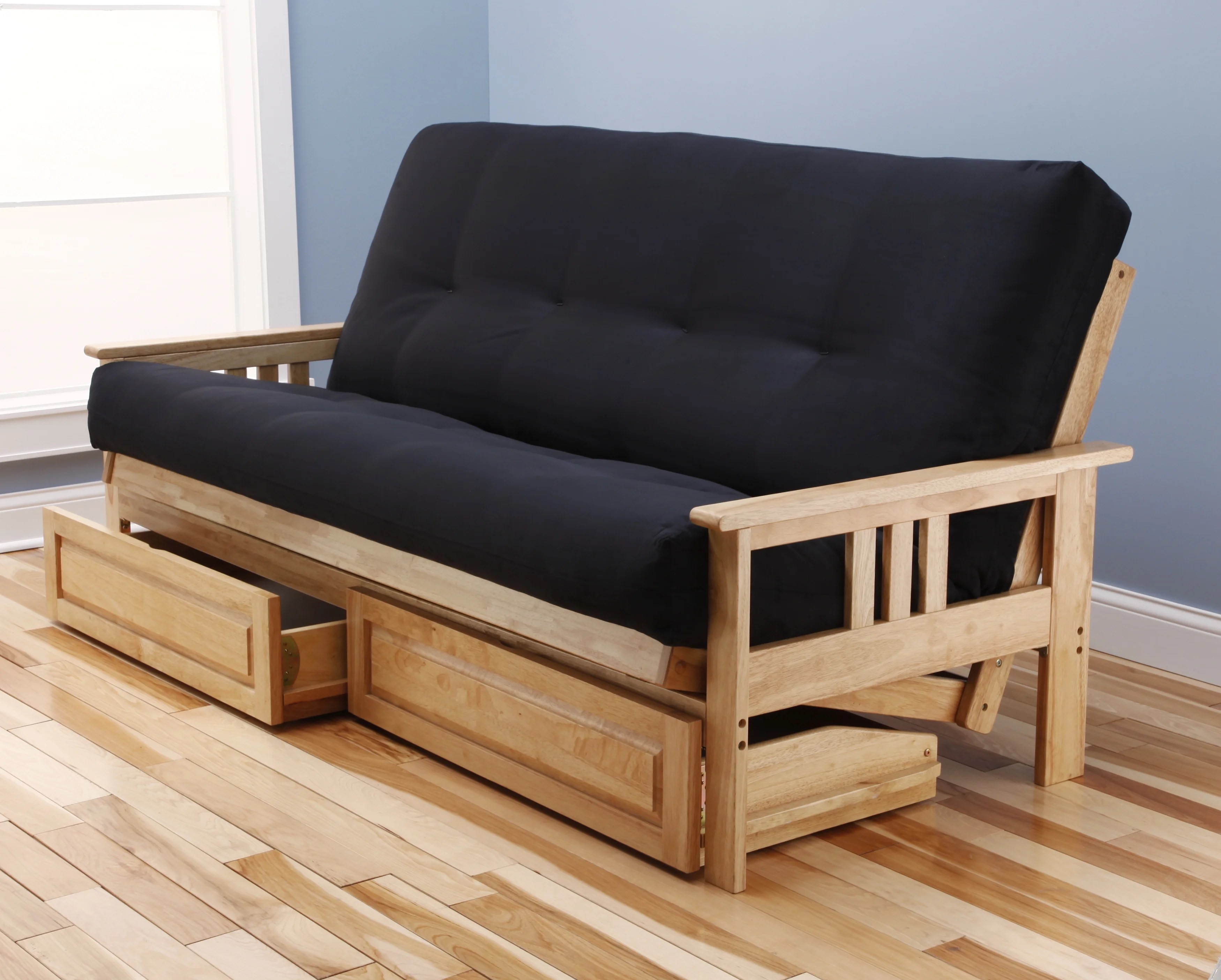 Woodbury Full Size Futon Sofa and Drawer Set, Natural Finish Hardwood