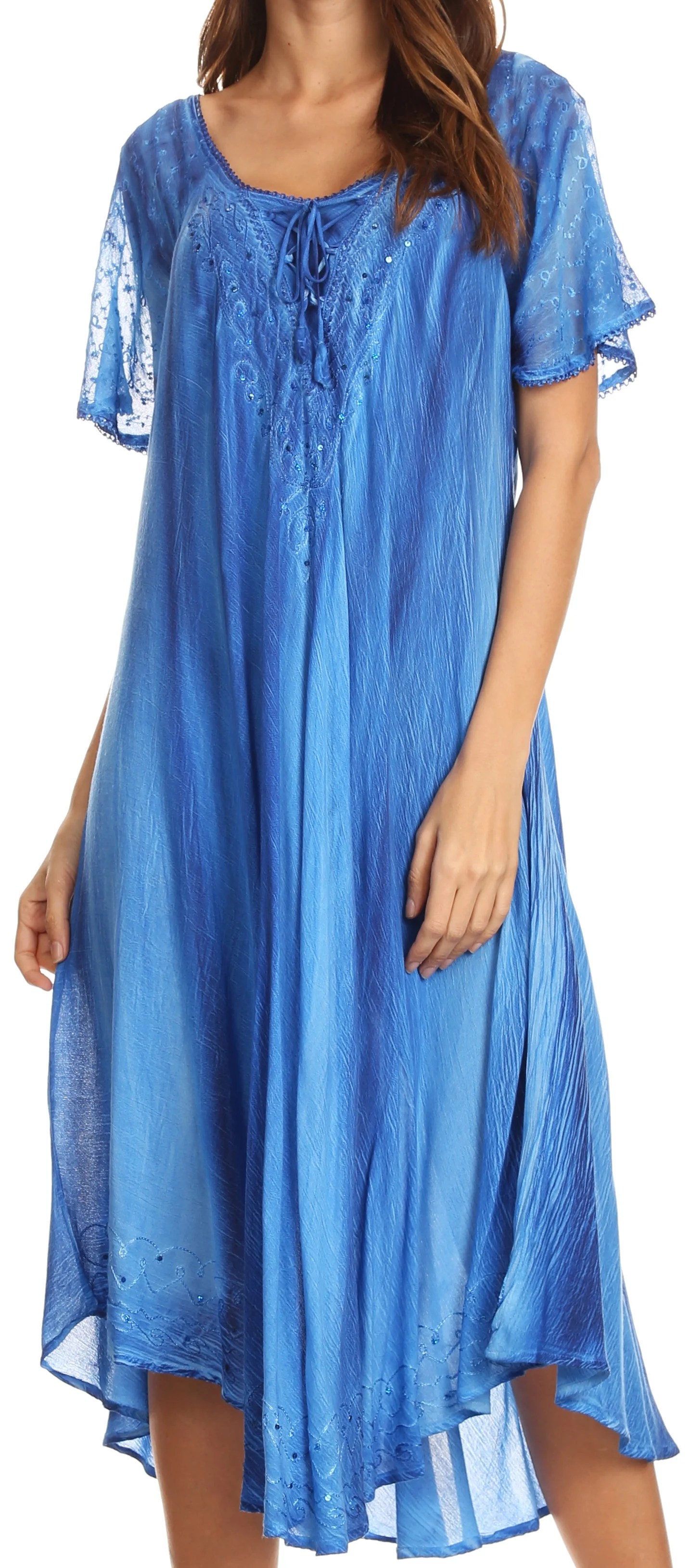 Sakkas Sakkas Myani Two Tone Embroidered Sheer Cap Sleeve Caftan Long