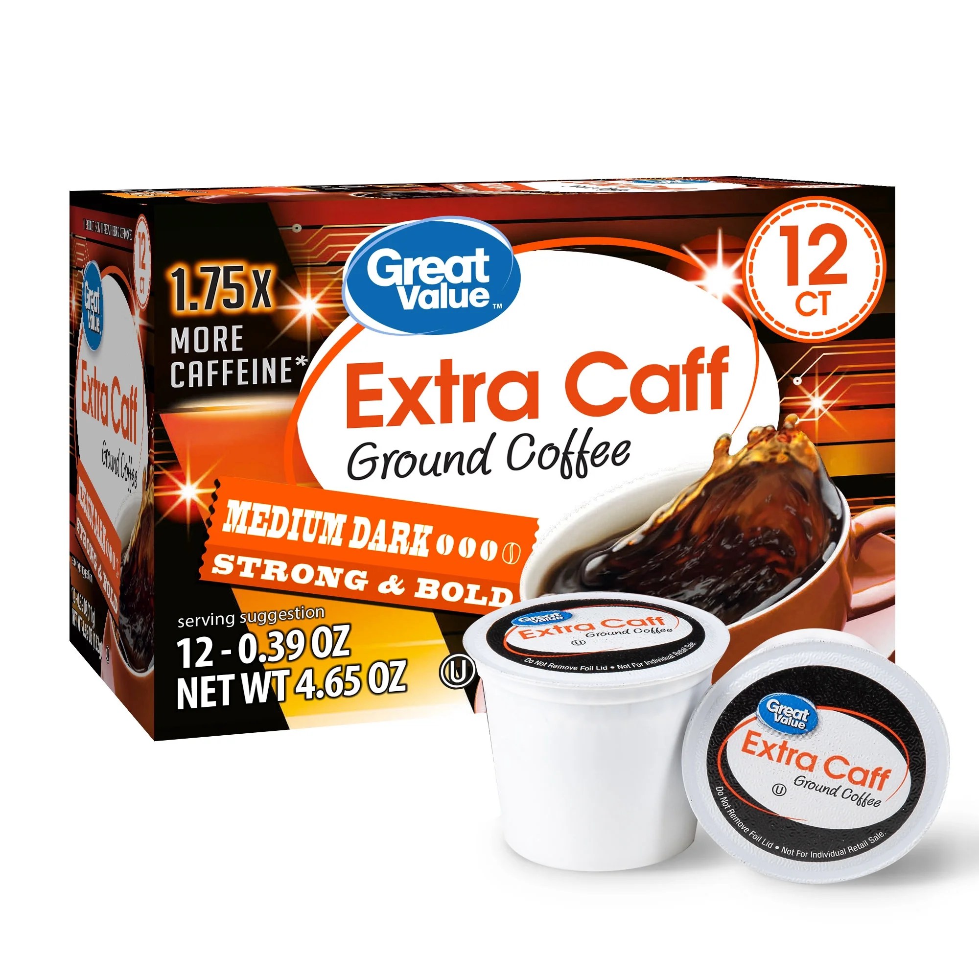 Great Value Extra Caff MediumDark Roast Coffee Pods, 12 Ct