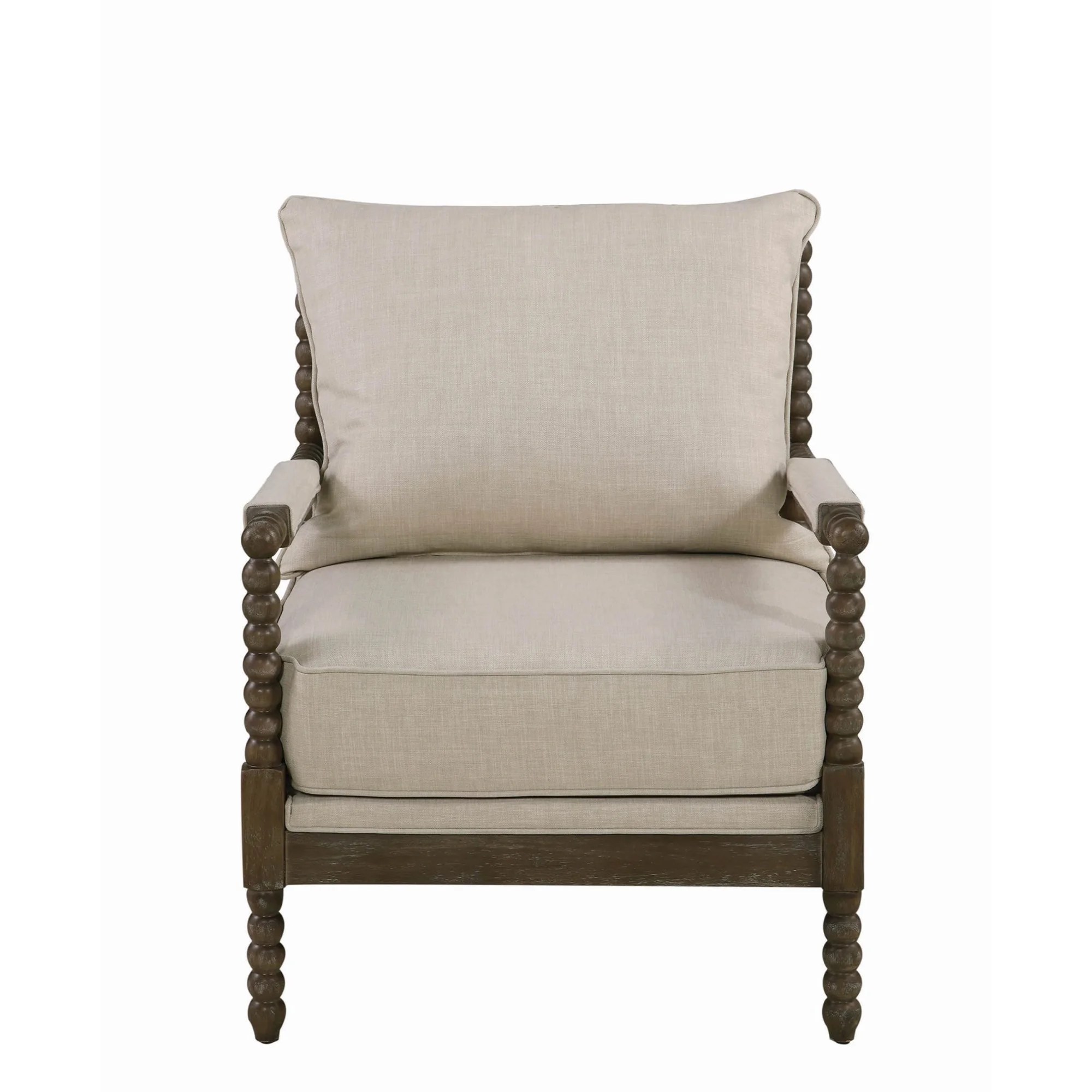 Cushioned Back Fabric Upholstered Spindle Accent Chair, Beige and Brown Cushioned Back Fabric Upholstered Spindle Accent Chair, Beige and Brown