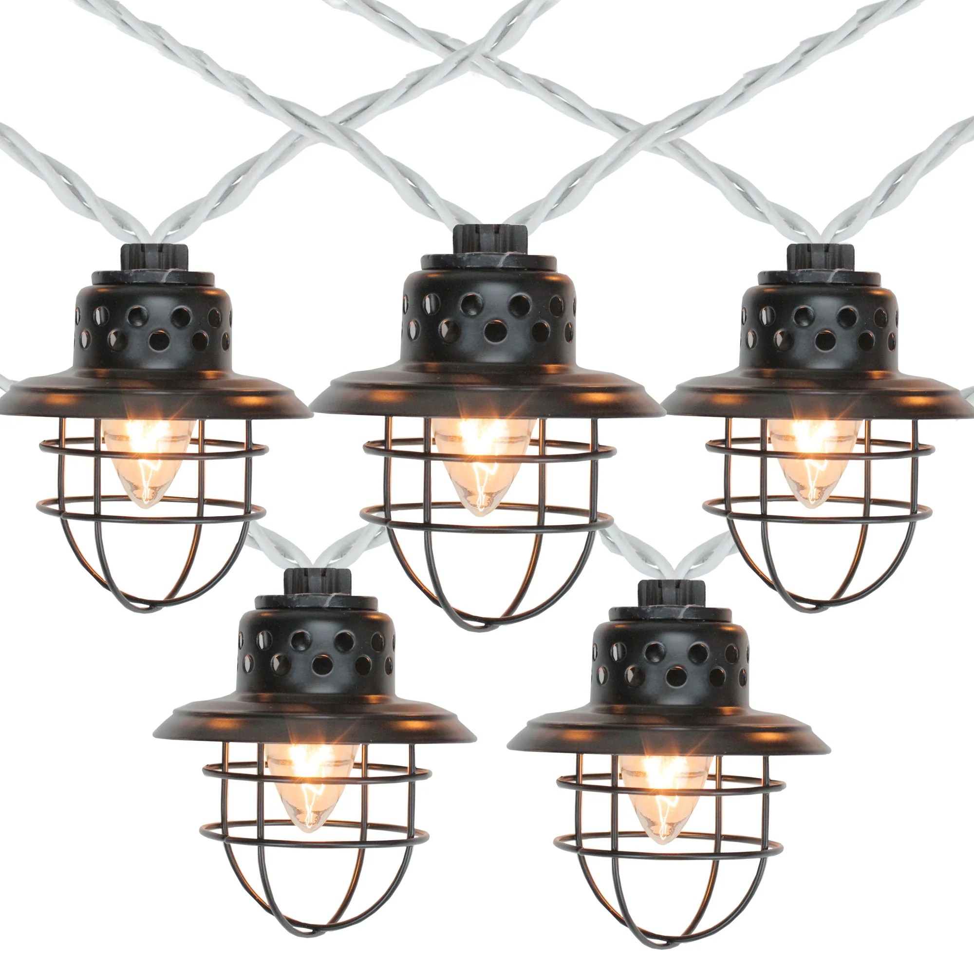 10Count Black Caged Fisherman Lantern Patio String Light Set, 9' Black