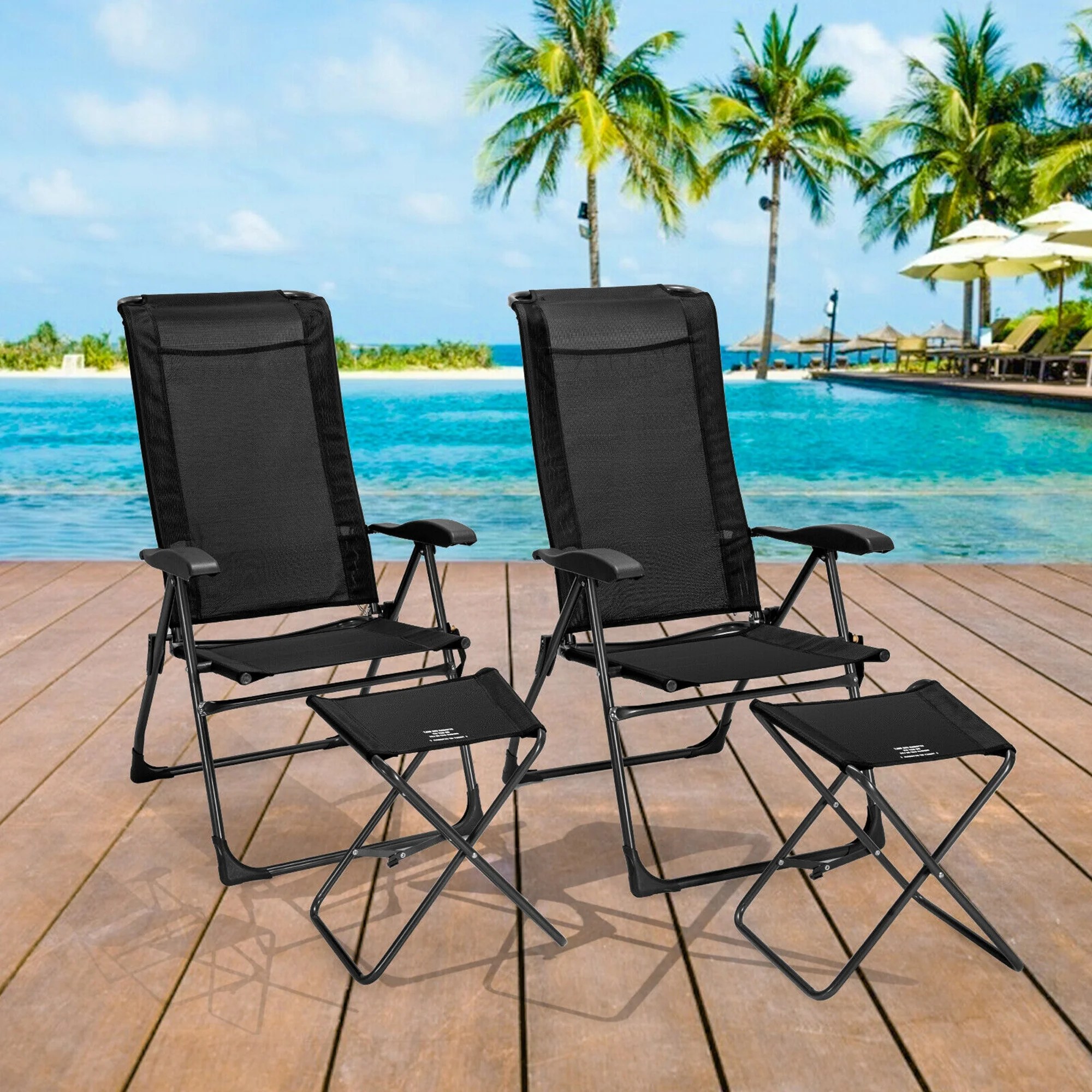 Gymax 4PCS Folding Patio Recliner Chair & Ottoman Set w/ Adjustable