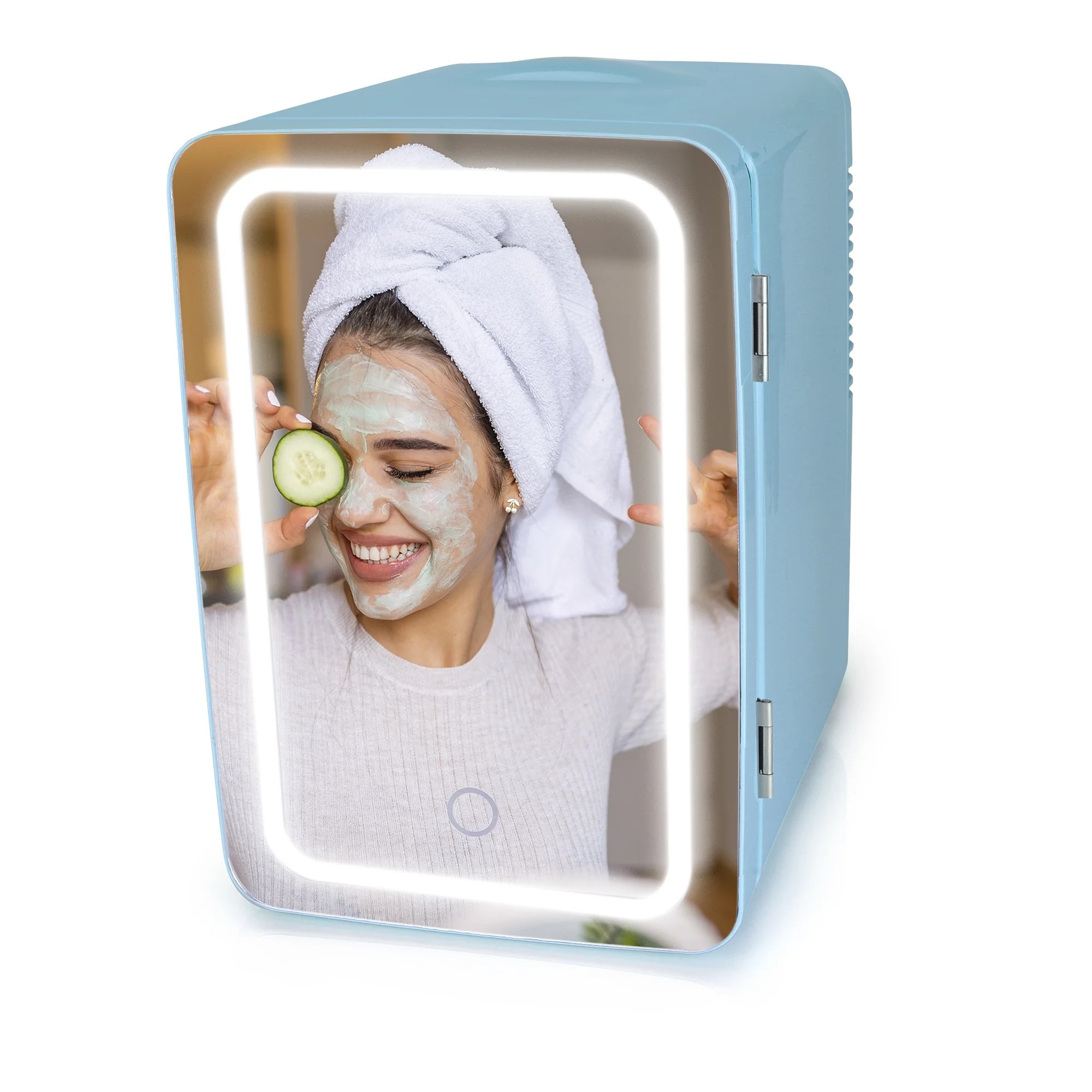 Personal Chiller Mini Fridge with LED Lighted Mirror Door, Blue