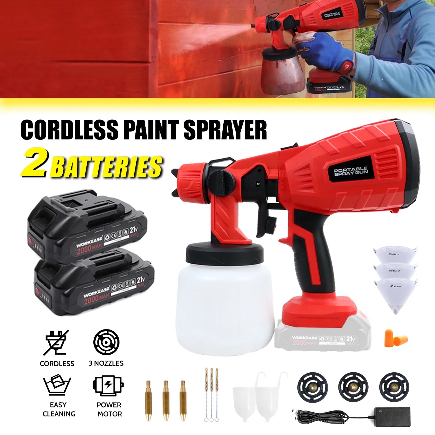 Cordless Paint Sprayer,WORKEASE 2 Battery Powered Paint & HVLP Handheld Power Spray Gun with 3