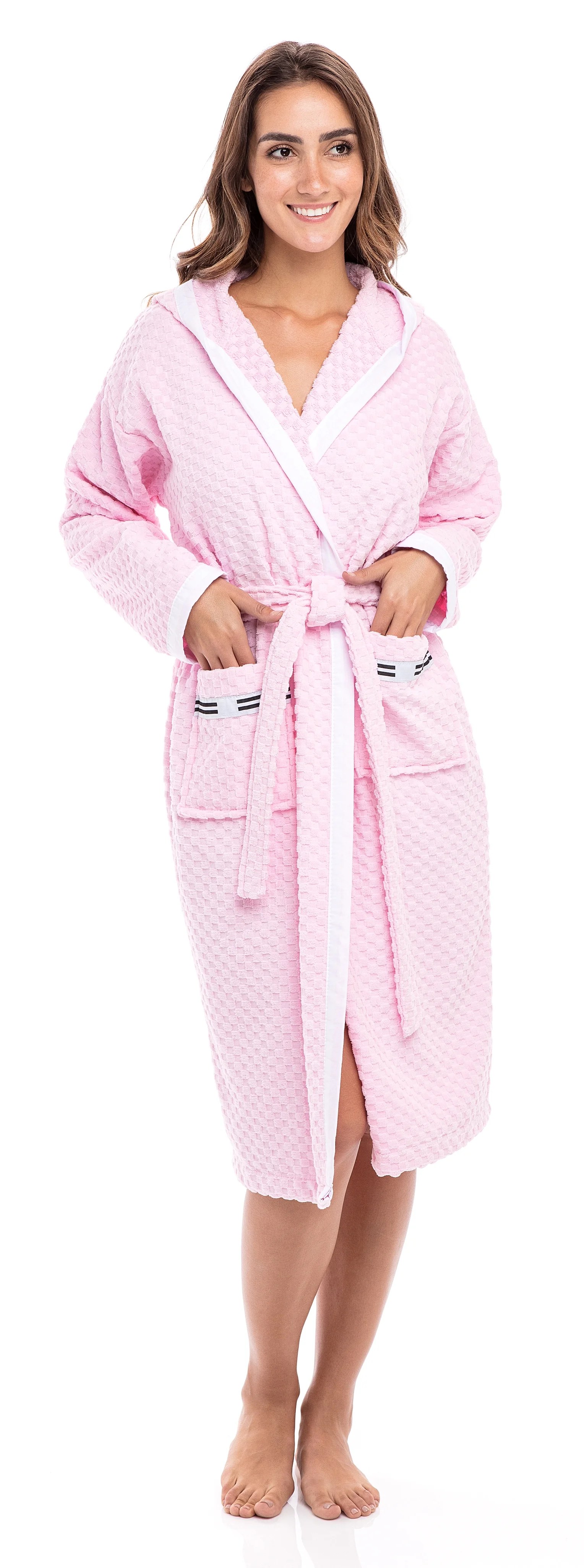 Women’s Waffle Weave Robe Ladies Hooded Bathrobe 100 Terry Cotton Spa