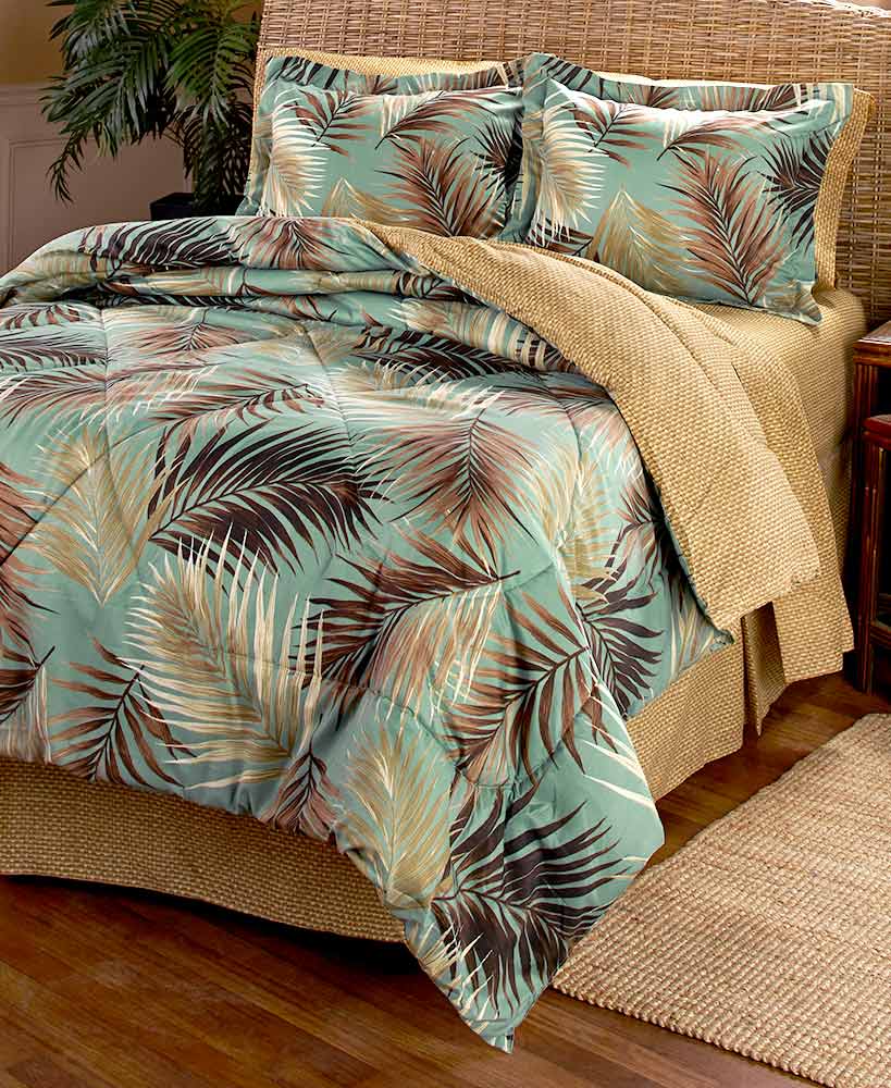 Palm Fronds Tropical Beach Hawaiian Queen Comforter Set (8 Piece Bed In A Bag)