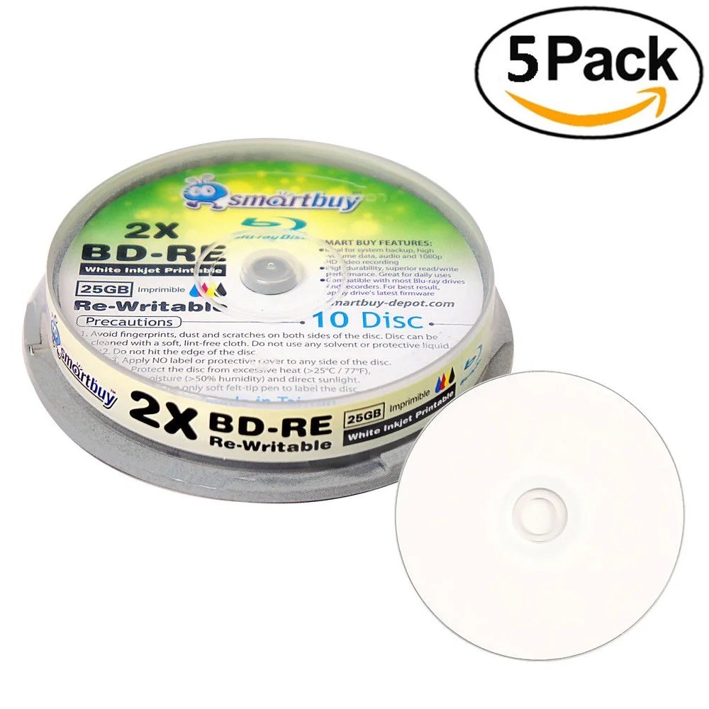50 Pack Smartbuy 2x 25GB Blue Bluray BDRE Rewritable White Inkjet Hub