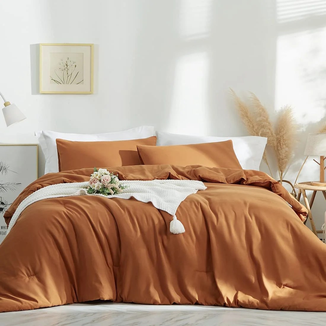 3 Pieces Burnt Orange Comforter Set Caramel Solid Color Bedding Sets