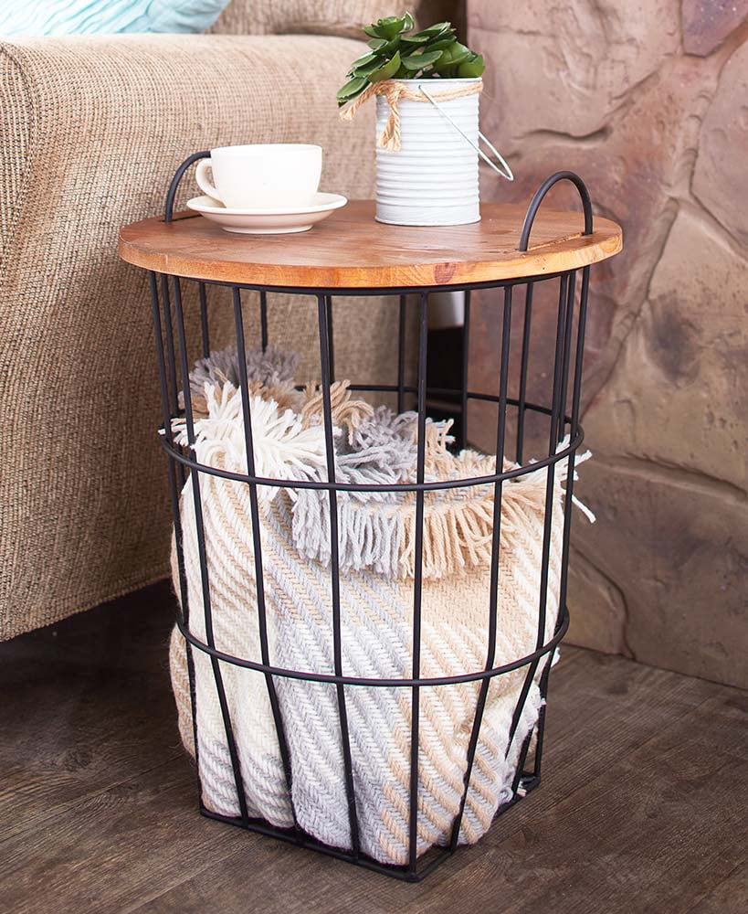 Wood Top Storage Basket Side Table New Dual Purpose