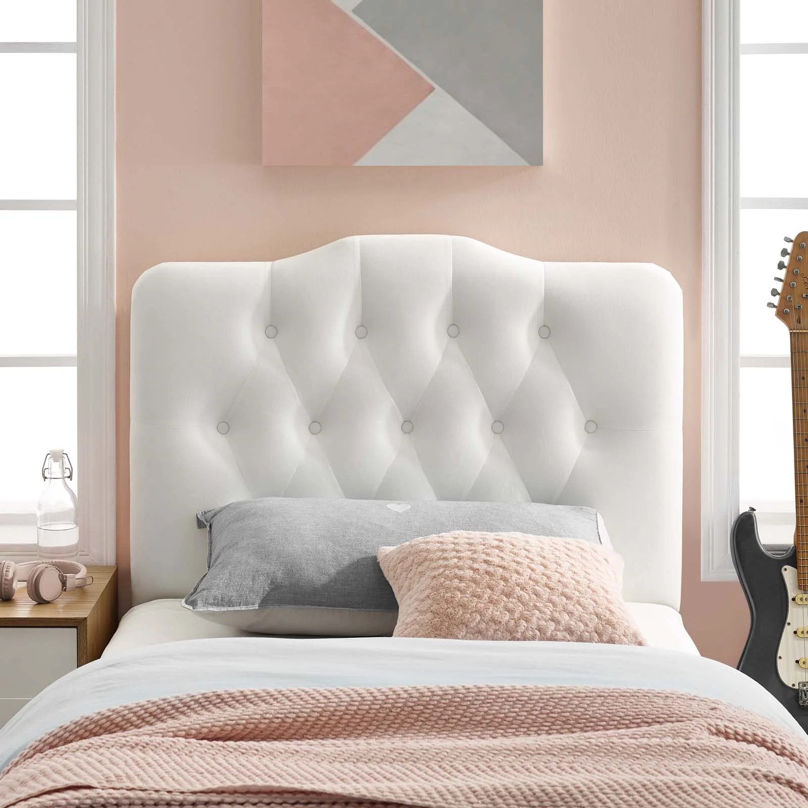 Annabel Twin Diamond Tufted Performance Velvet Headboard in White