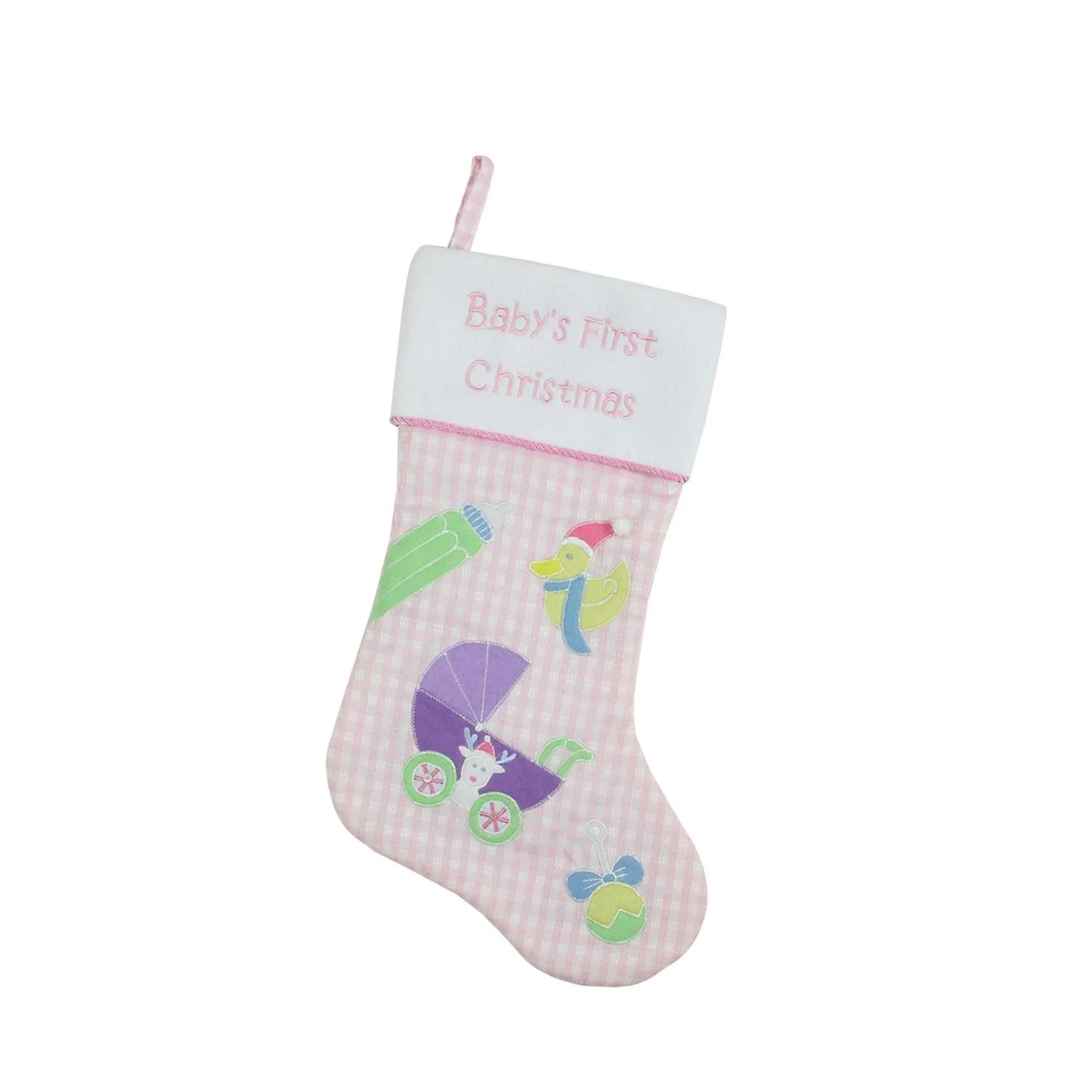Christmas Stockings Baby Boy 18.5" Pink and White Checked "Baby's First Christmas" Embroidered