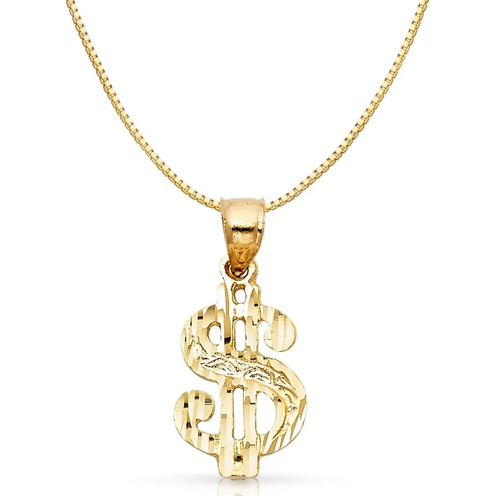 Ioka 14K Yellow Solid Gold Dollar Sign Charm Pendant with 1mm Box