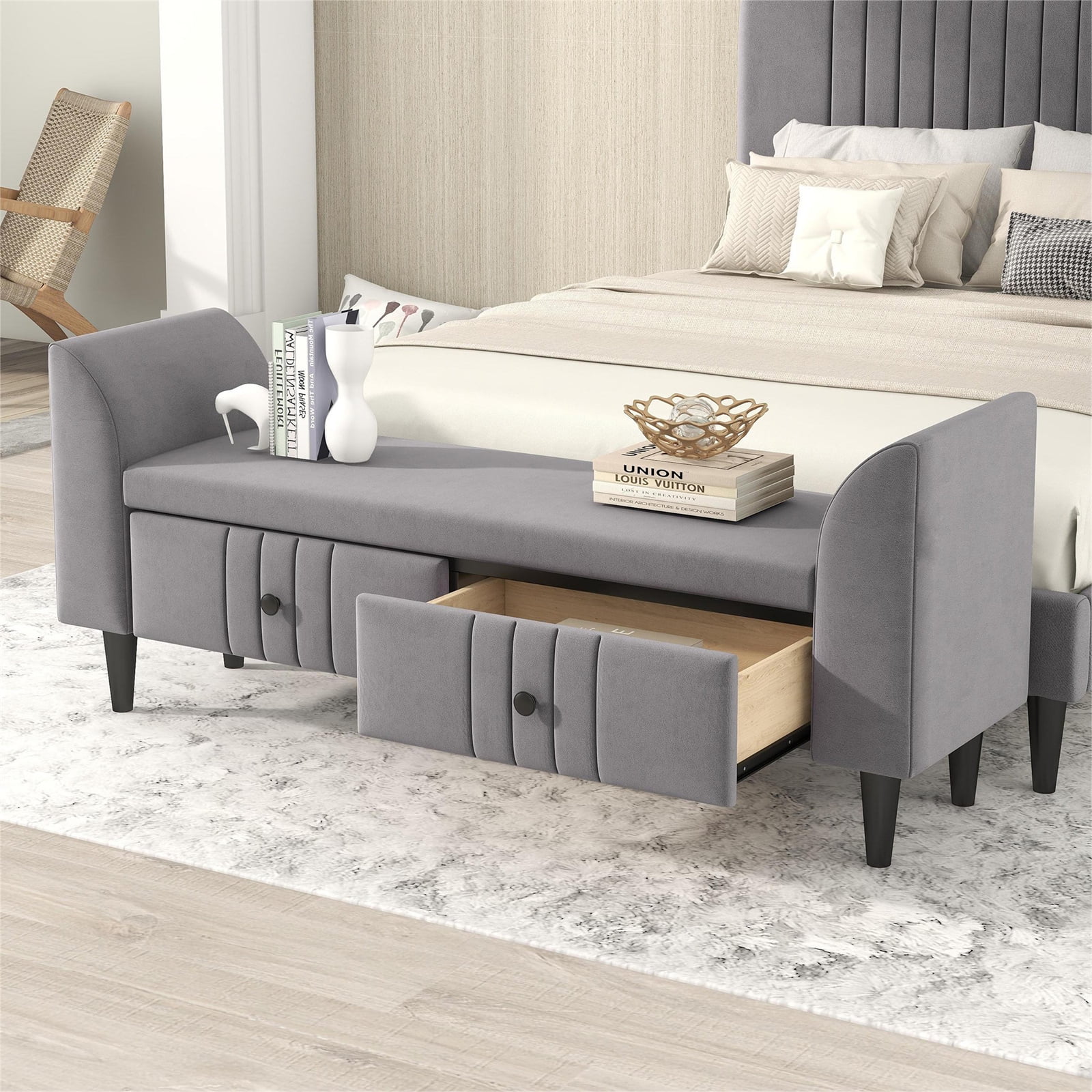 Upholstered Storage Ottoman Bench with 2 Drawers, Wooden Bedroom End of