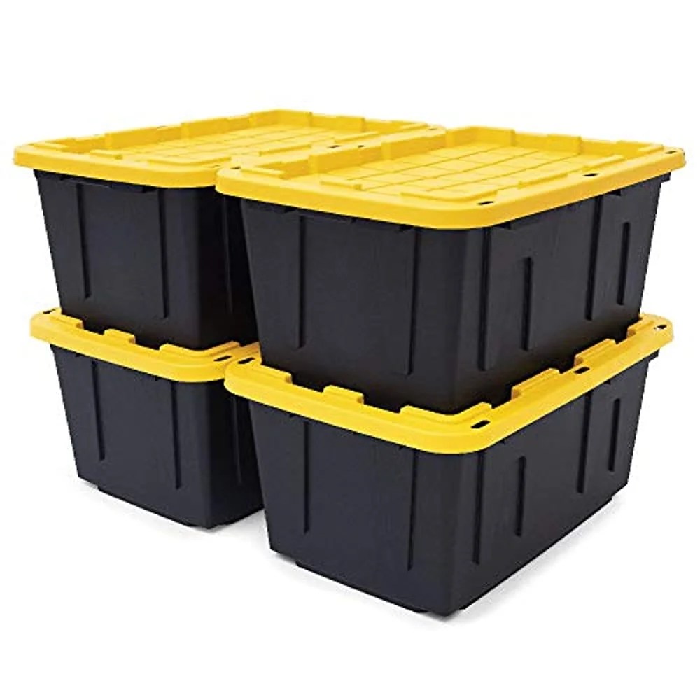 black & yellow 27gallon tough storage containers with lids, stackable