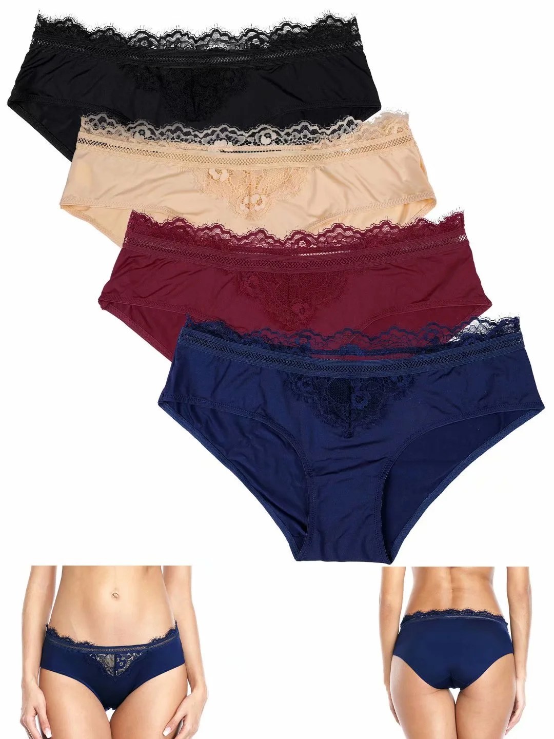 Charmo Charmo Women's Lace Trim Hipster Panties Nylon Bikini Brief