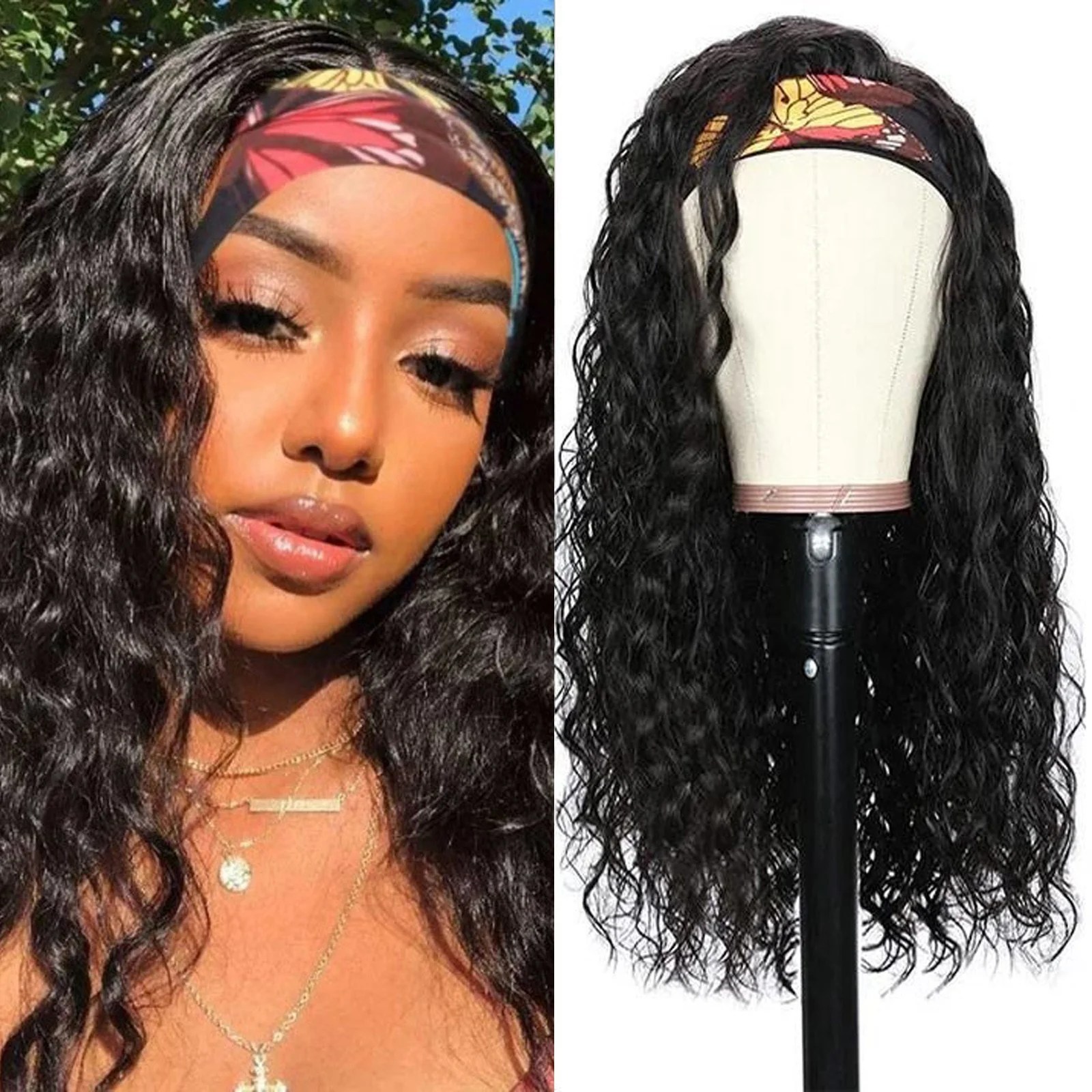 Sunward 16 Inches Headband Wig Human Hair Water Wave Headband Wigs