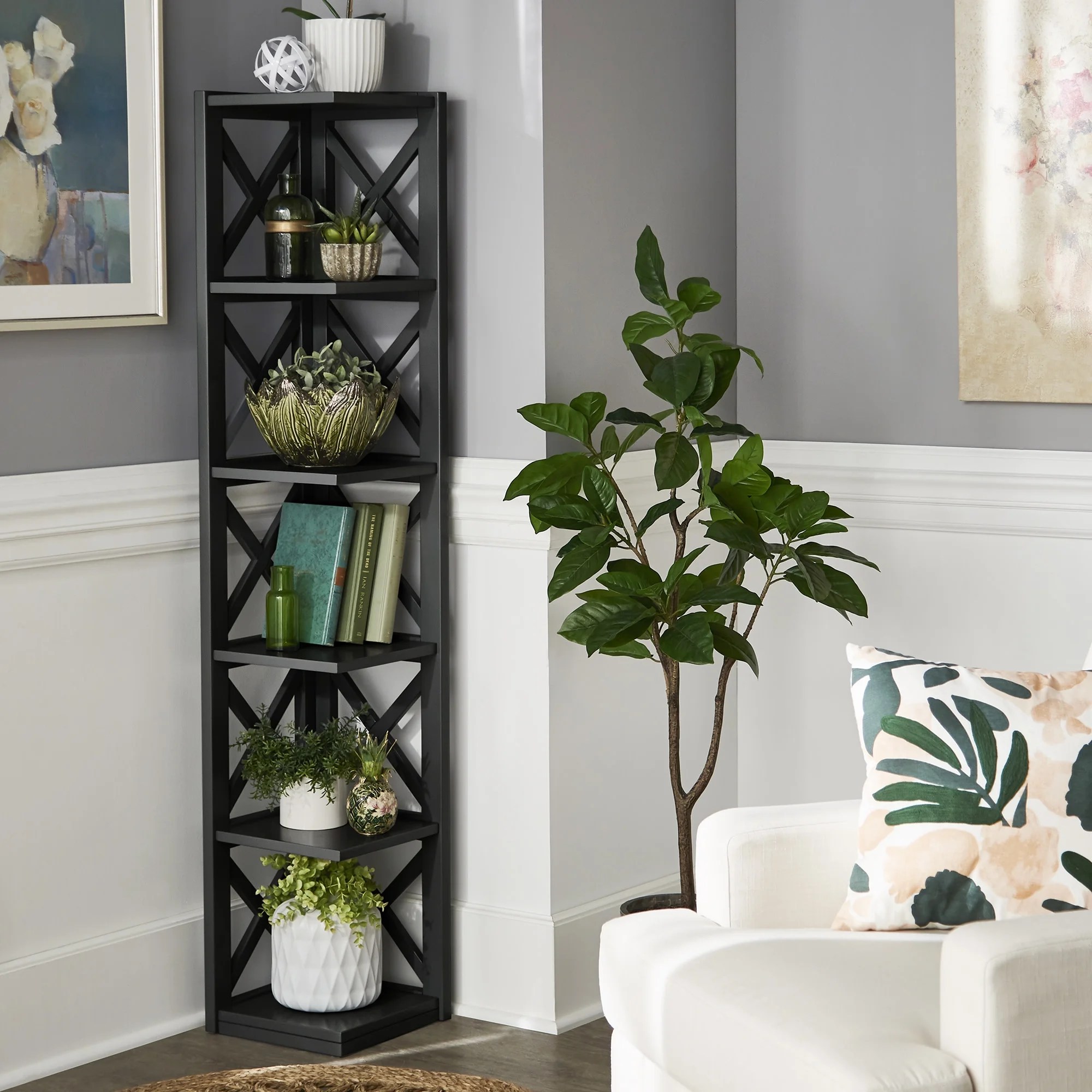 Weston Home Rebecca XFrame 5Shelf Corner Bookcase, Black