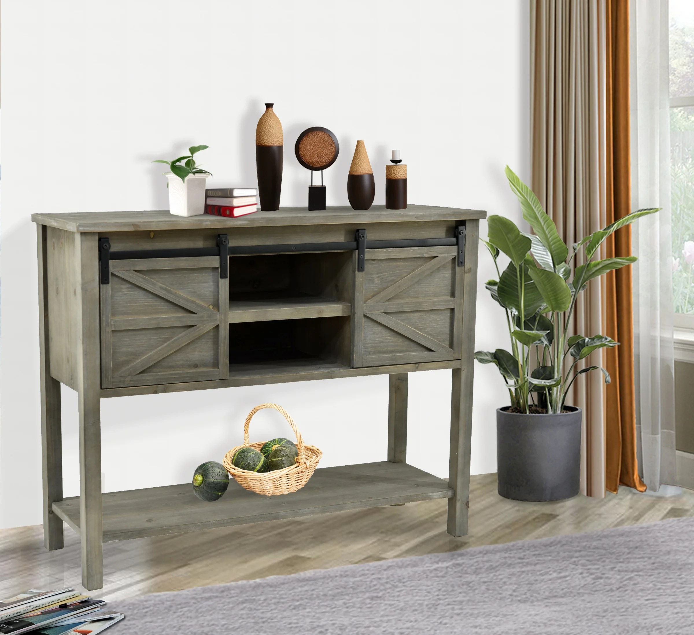 Antique Farmhouse Console Table with 2 Sliding Barn Doors and Shelf Space in The Middle
