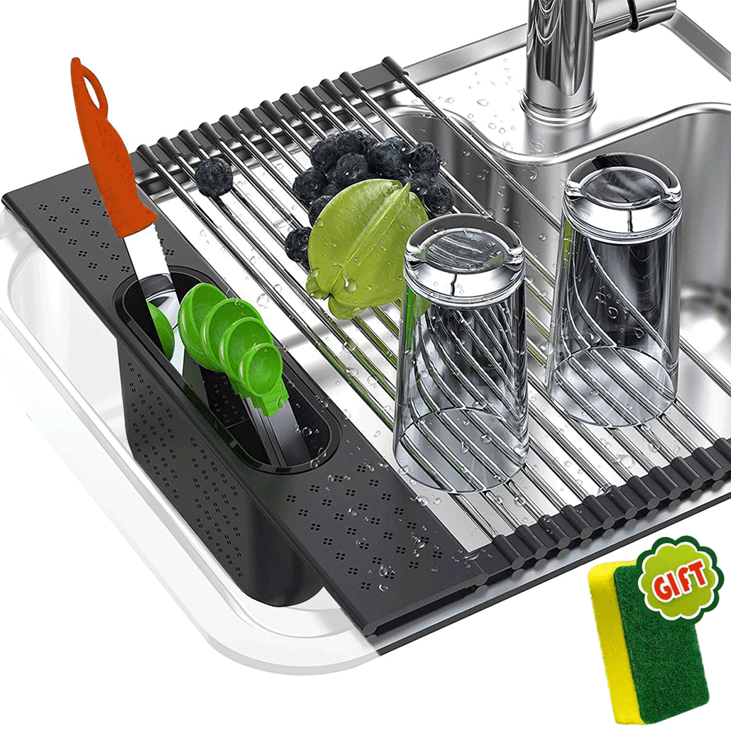 ZIMFANQI Roll Up Dish Drying Rack Over The Sink with Utensil Holder