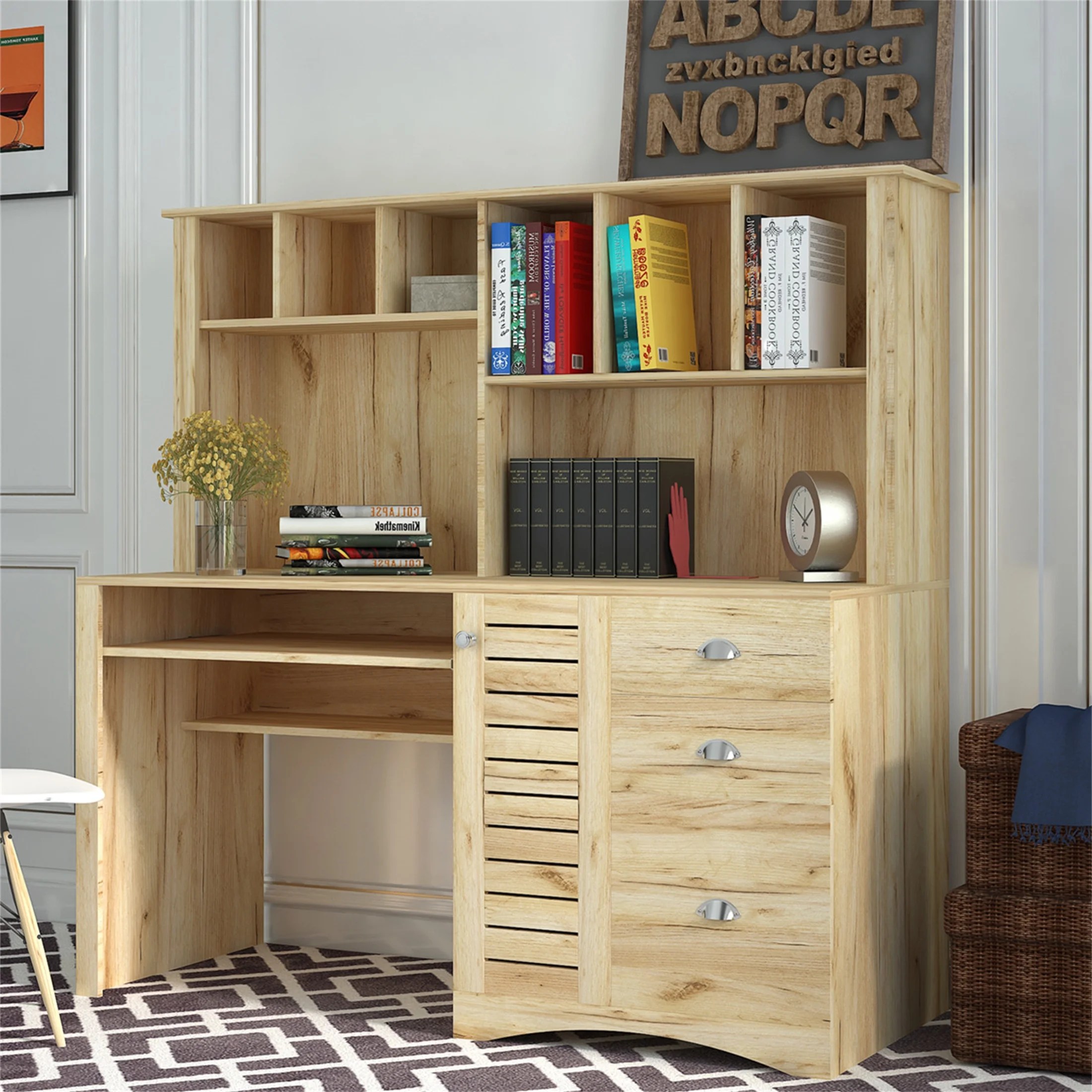 Aukfa Computer Desk with Hutch Keyboard Tray and 3 Storage Drawers 59