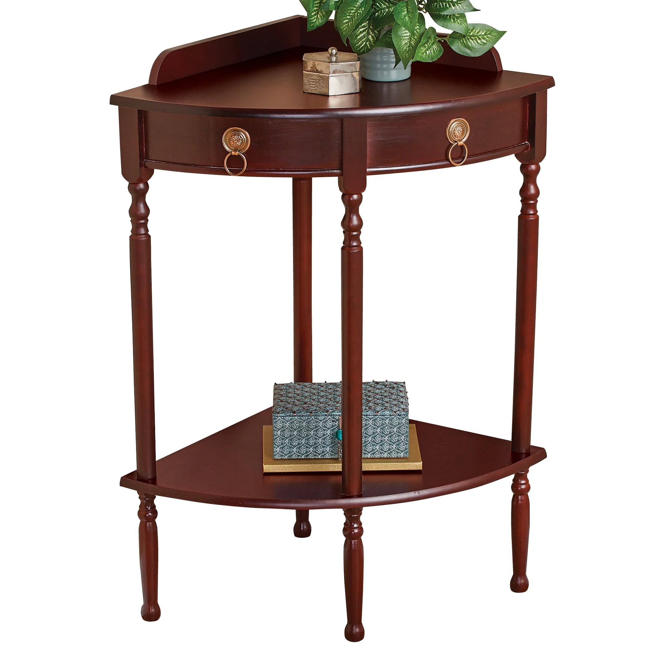 Decorative Dark Cherry Walnut Corner Accent Table with Copper Knobs