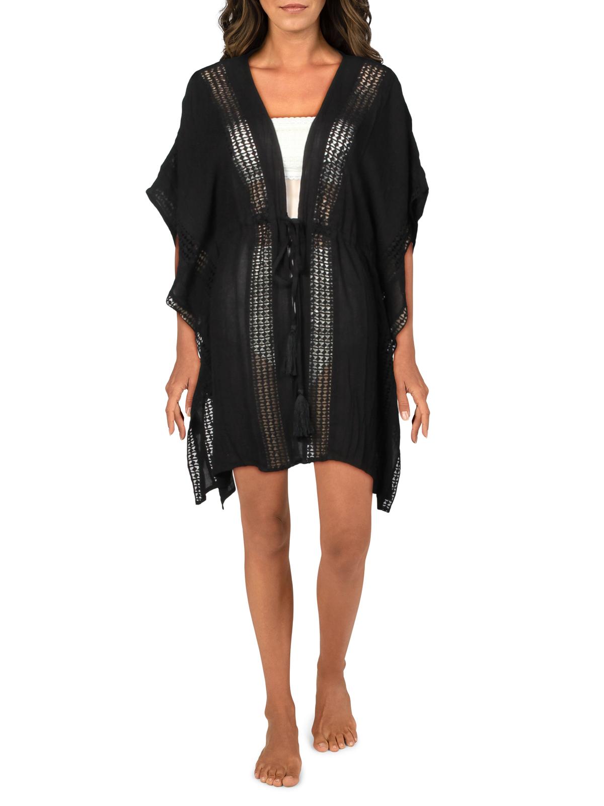 ELAN Elan Womens Crochet Trim Tunic Kimono Swim CoverUp Black L