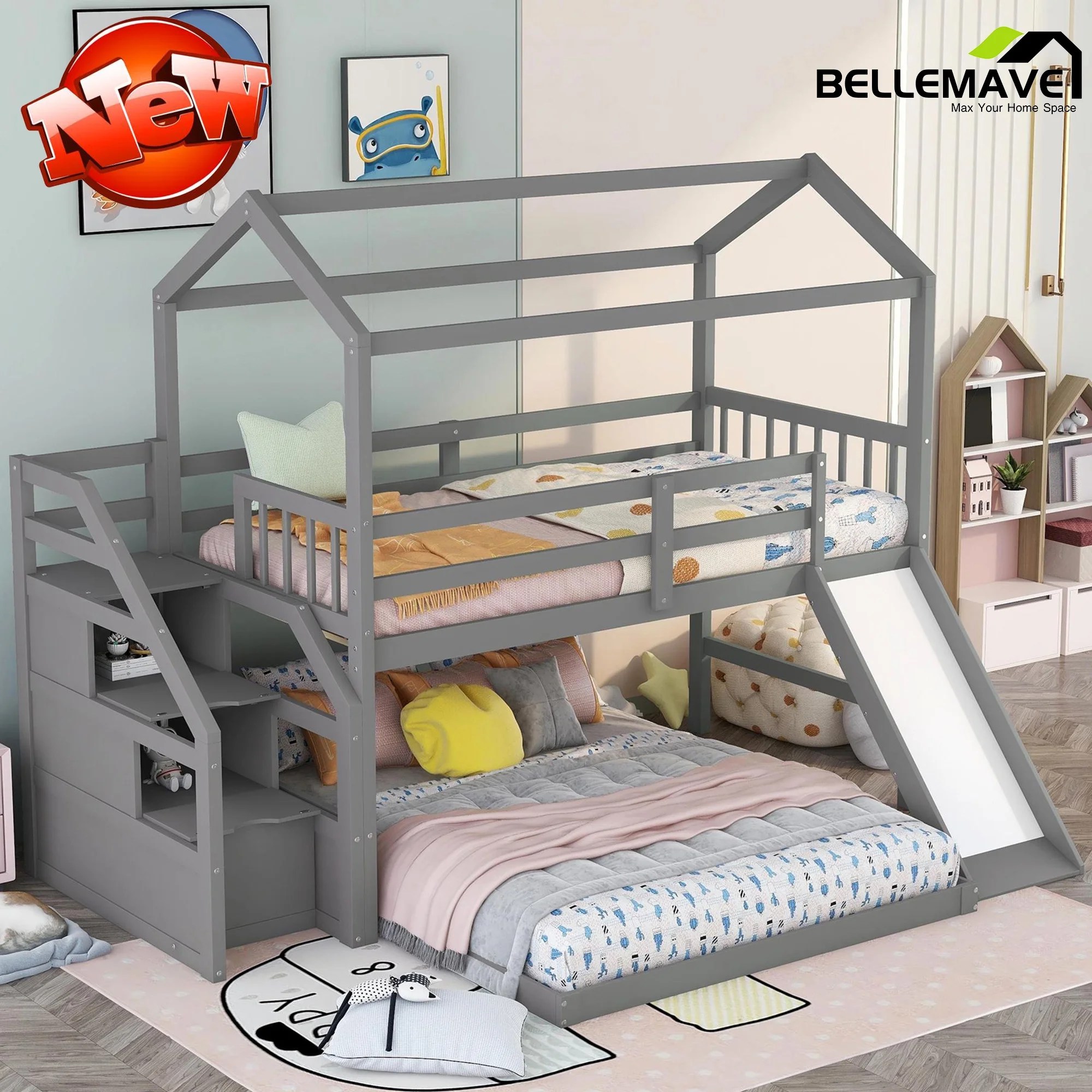 House Bunk Beds with Slide/Bunk Beds Twin over Full, Kids Bunk Bed with