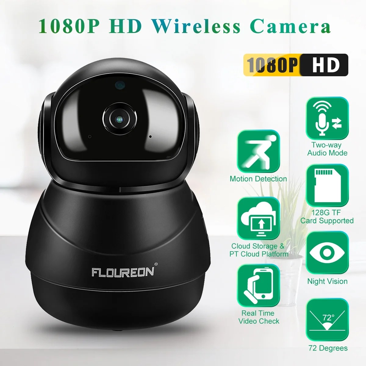 FLOUREON Wifi IP Camera 1080P HD H.264 Wifi 2.0 Megapixel Wireless CCTV