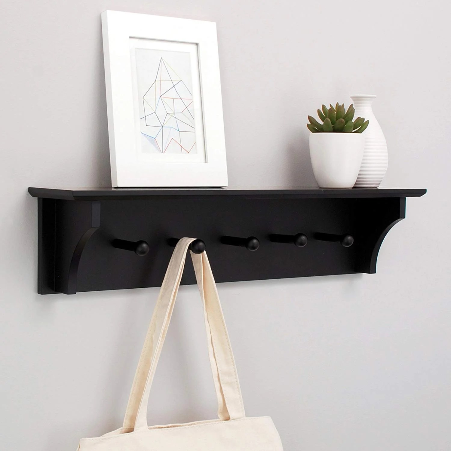 Display Ledge Shelf Floating Wall Shelves Coat and Hat Rack with 5 Pegs