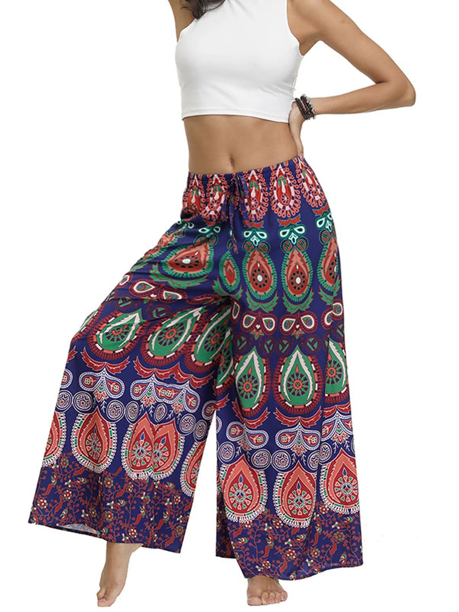 Lallc Women's Boho Floral Wide Leg Pants Palazzo Yoga Sports Elastic Waist Trousers Walmart