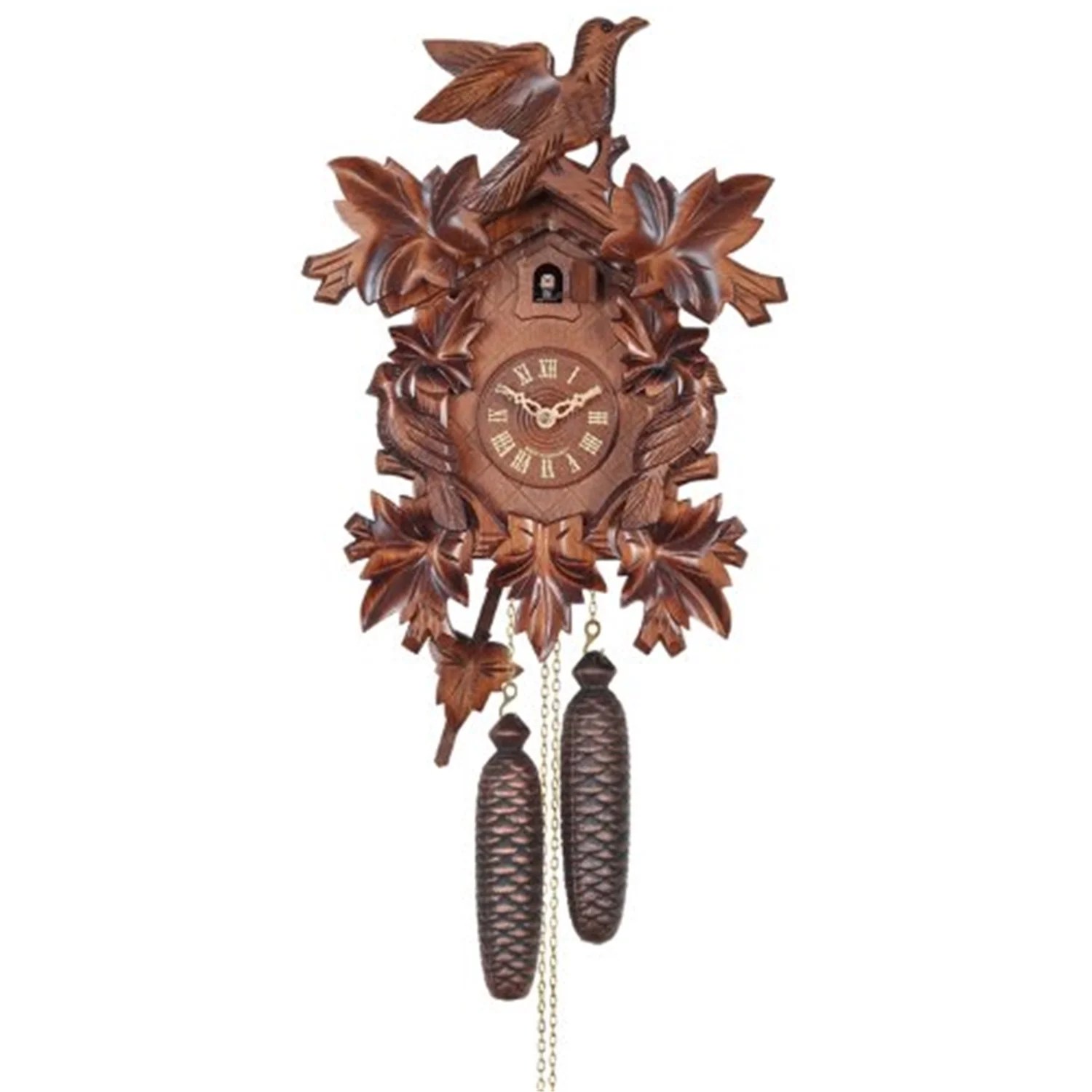 Eight Day Cuckoo Clock with Three Handcarved Birds and Seven Leaves