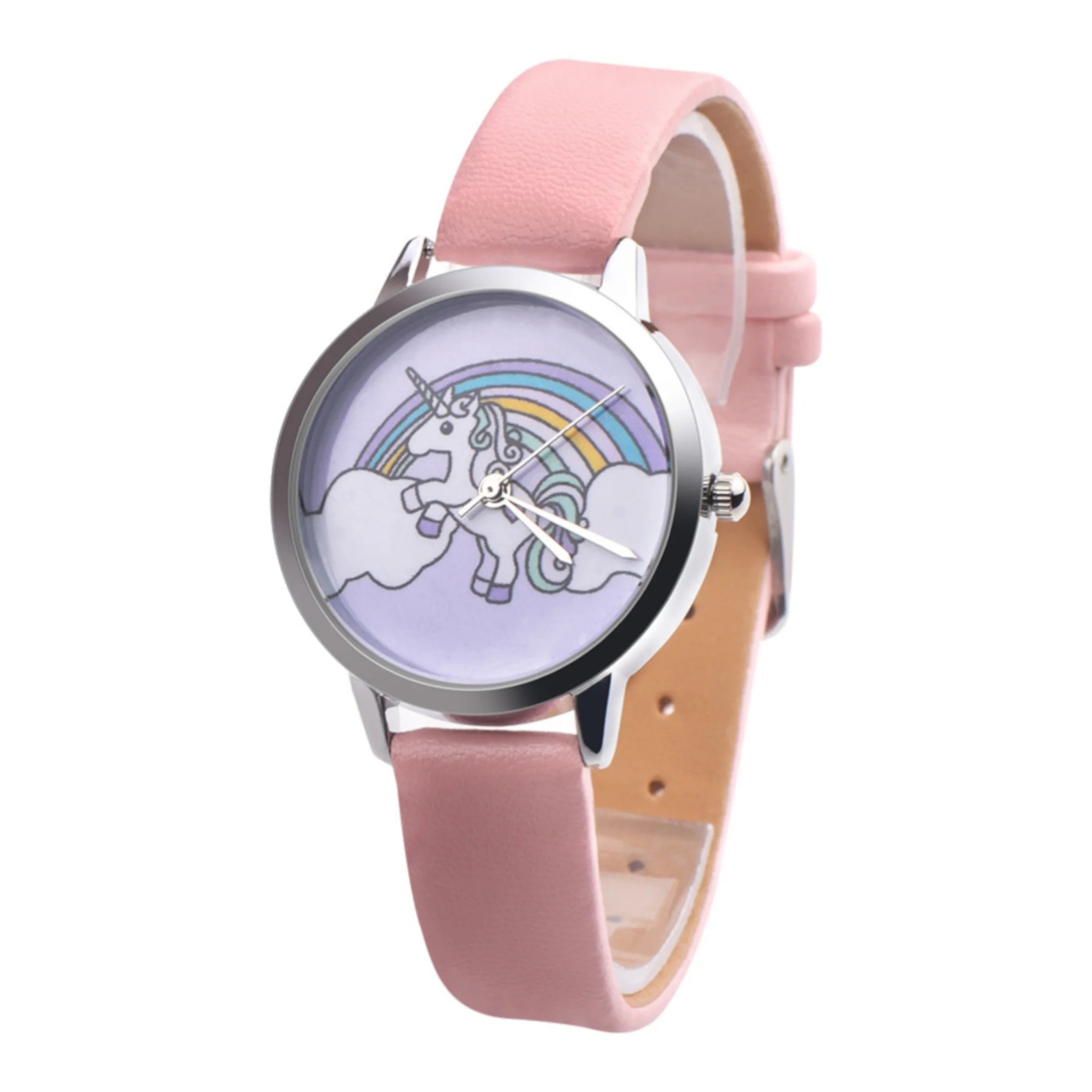 Girls Unicorn Wristwatch Unicorn with Rainbow Background Pink Band