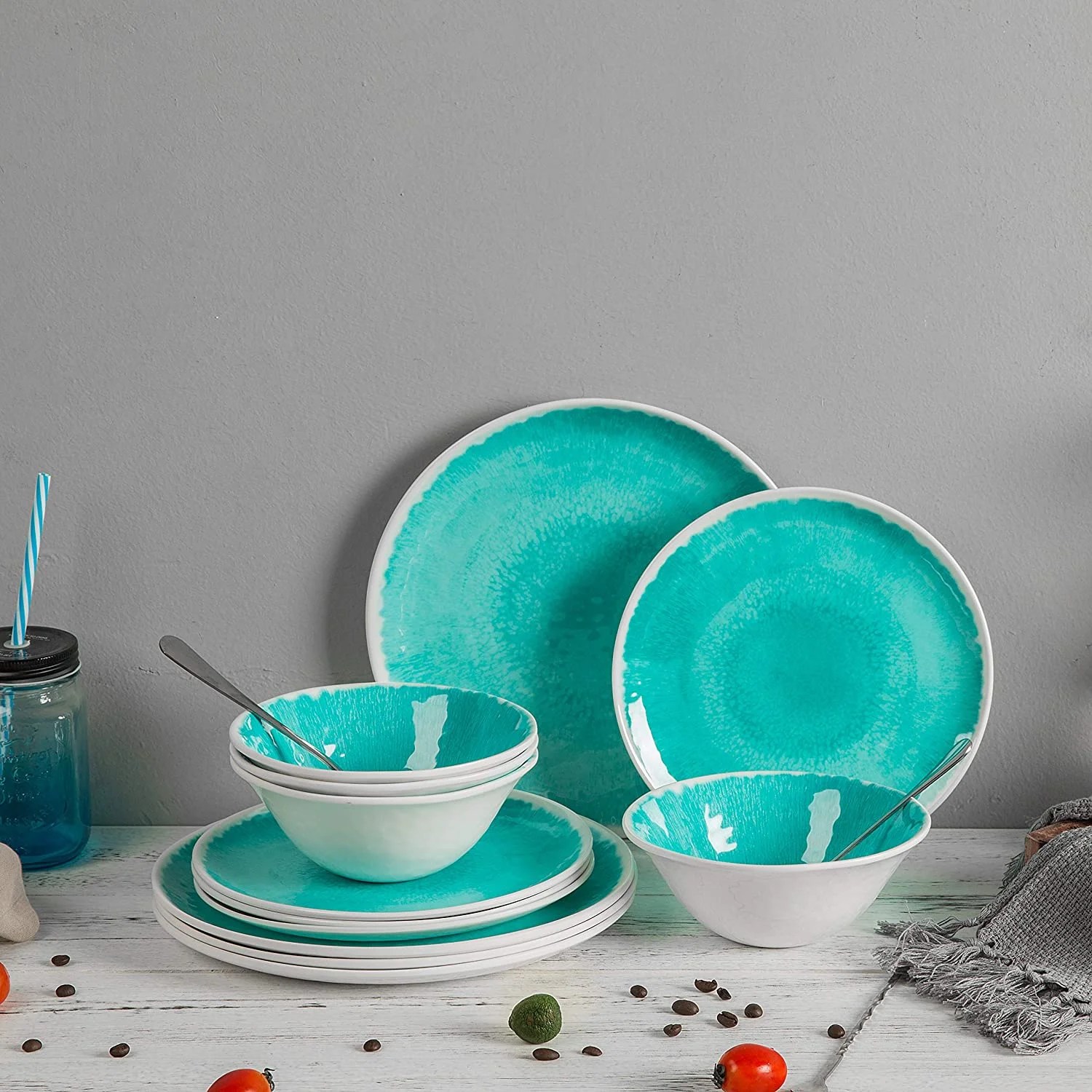 Melamine 12 Piece Dinnerware Set Dishes Set Suitable Indoors and