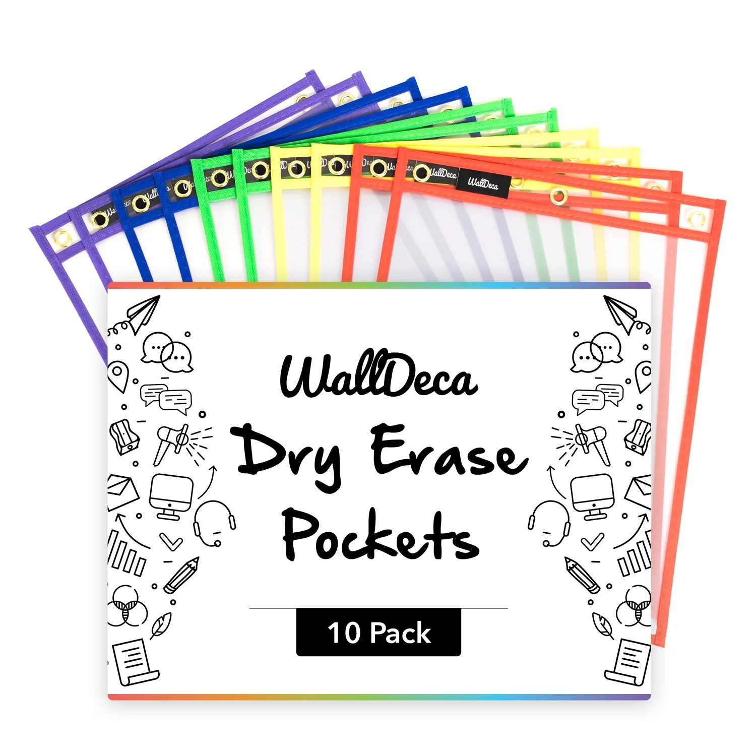 WallDeca Dry Erase Pocket Sleeves Assorted Colors , 9.3" x 13", Fits