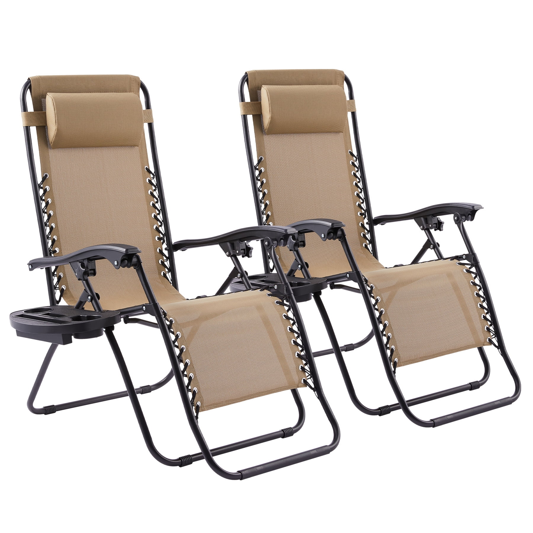 Folding Zero Gravity Recliners with Cup Holders and Neck Pillows, 2 Pack, Beige