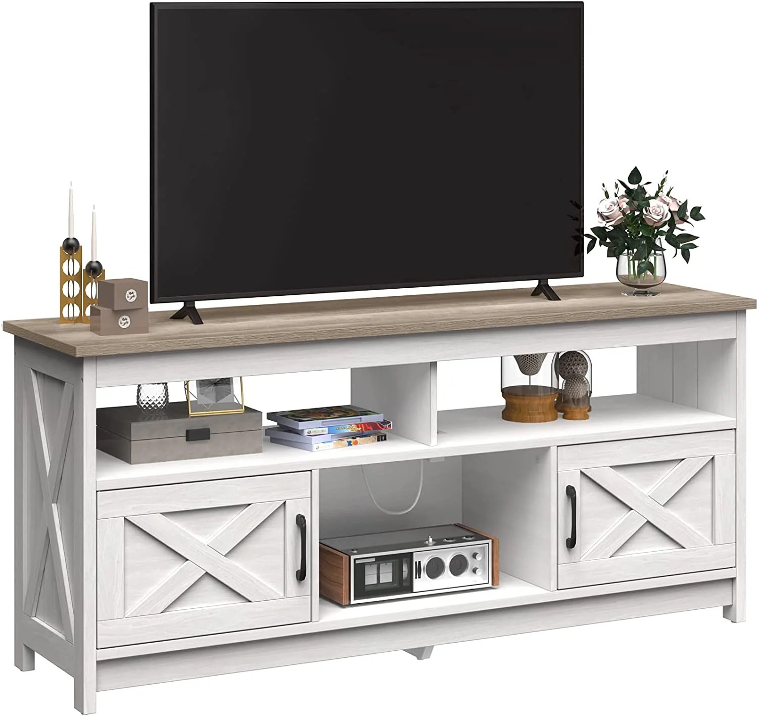 DEXTRUS Farmhouse TV Stand up to 65 inch with Power Outlet, Media