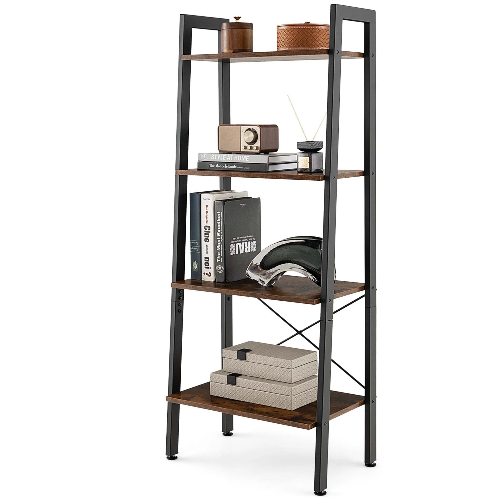 Costway 4Tier Wood Ladder Shelf Ladder Bookcase Bookshelf Display Rack Black