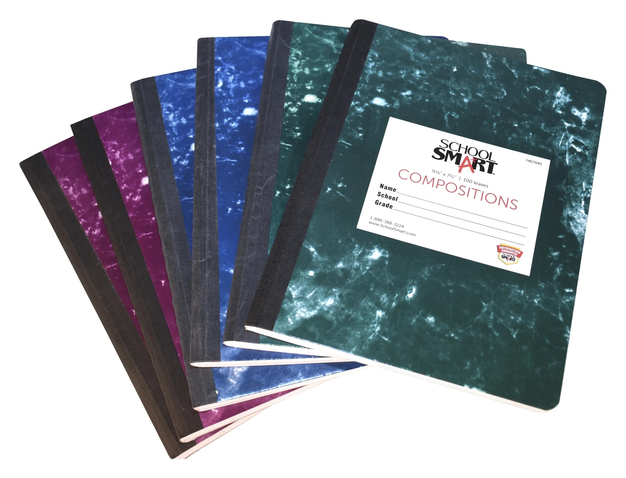 School Smart Marble Composition Book, 93/4 x 71/2 Inches, 100 Sheets, Assorted Color, Pack of