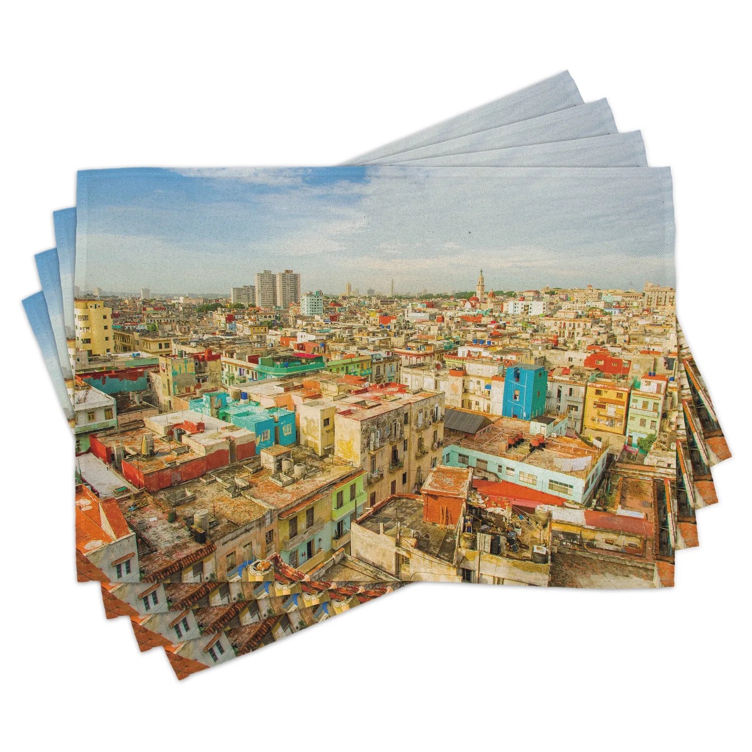 Travel Placemats Set of 4 Panorama of Havana City Vedado District in Cuba Old Colorful Houses