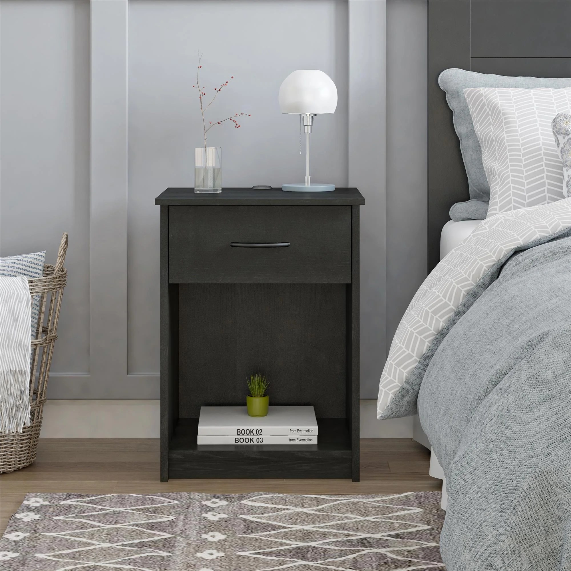 Mainstays 1 Drawer Nightstand with USB Power, True Black Oak Walmart