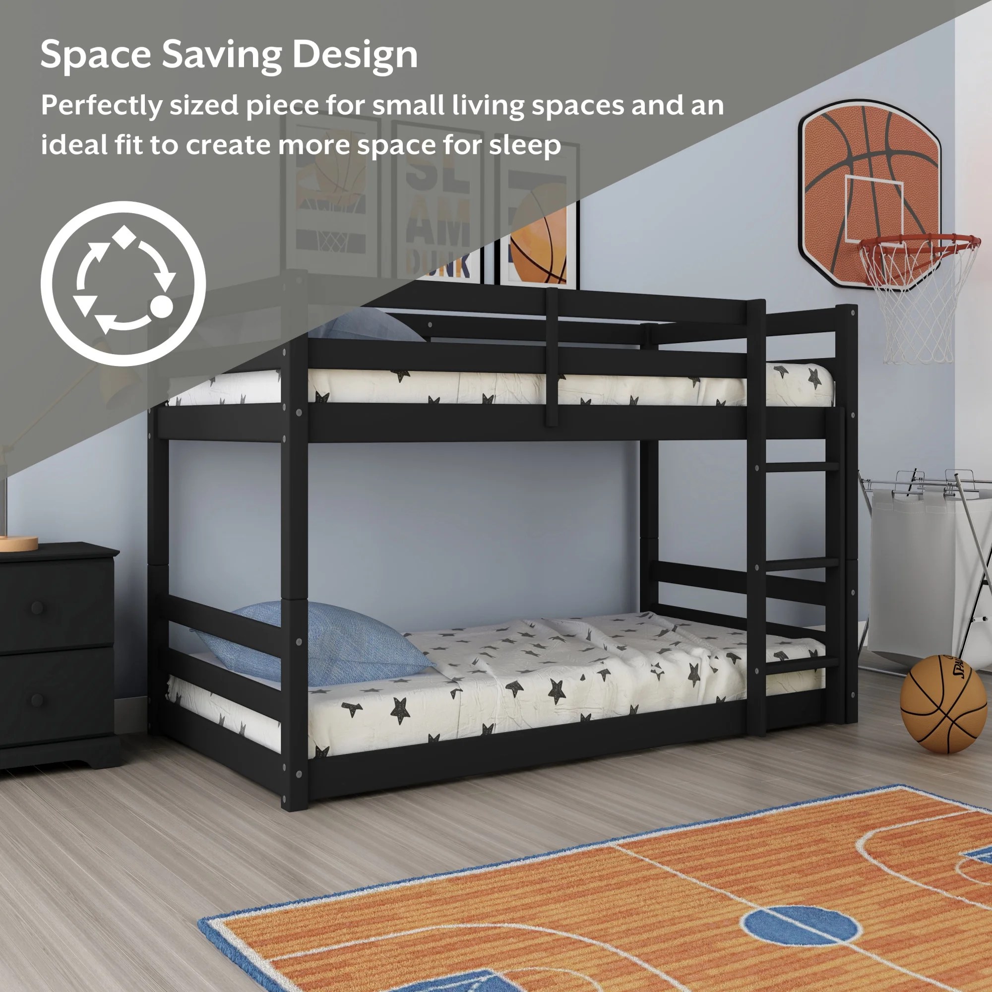 Campbell Wood Twin Over Twin Floor Convertible Bunk Bed, Black