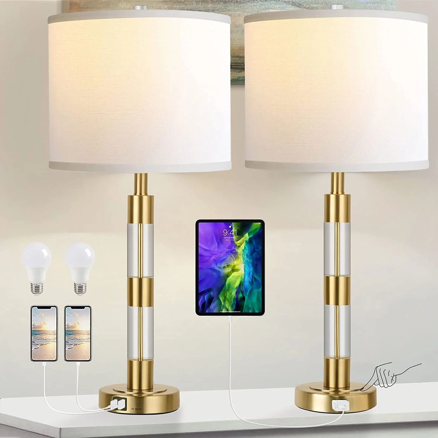 Set of 2 Touch Table Lamps,3 Way Dimmable with 2 USB Ports