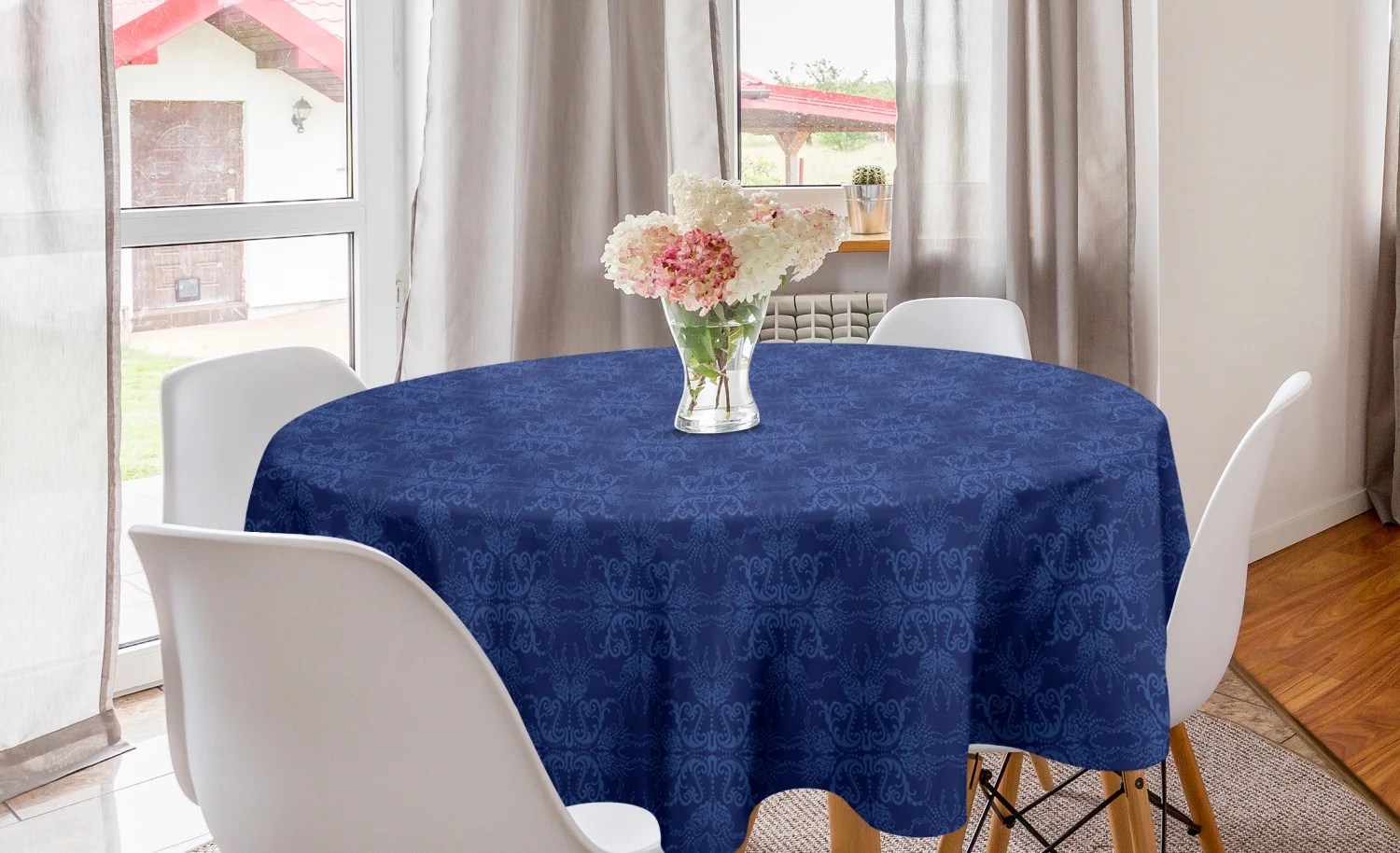 Navy Blue Round Tablecloth, Antique Baroque Damask Inspired Motifs