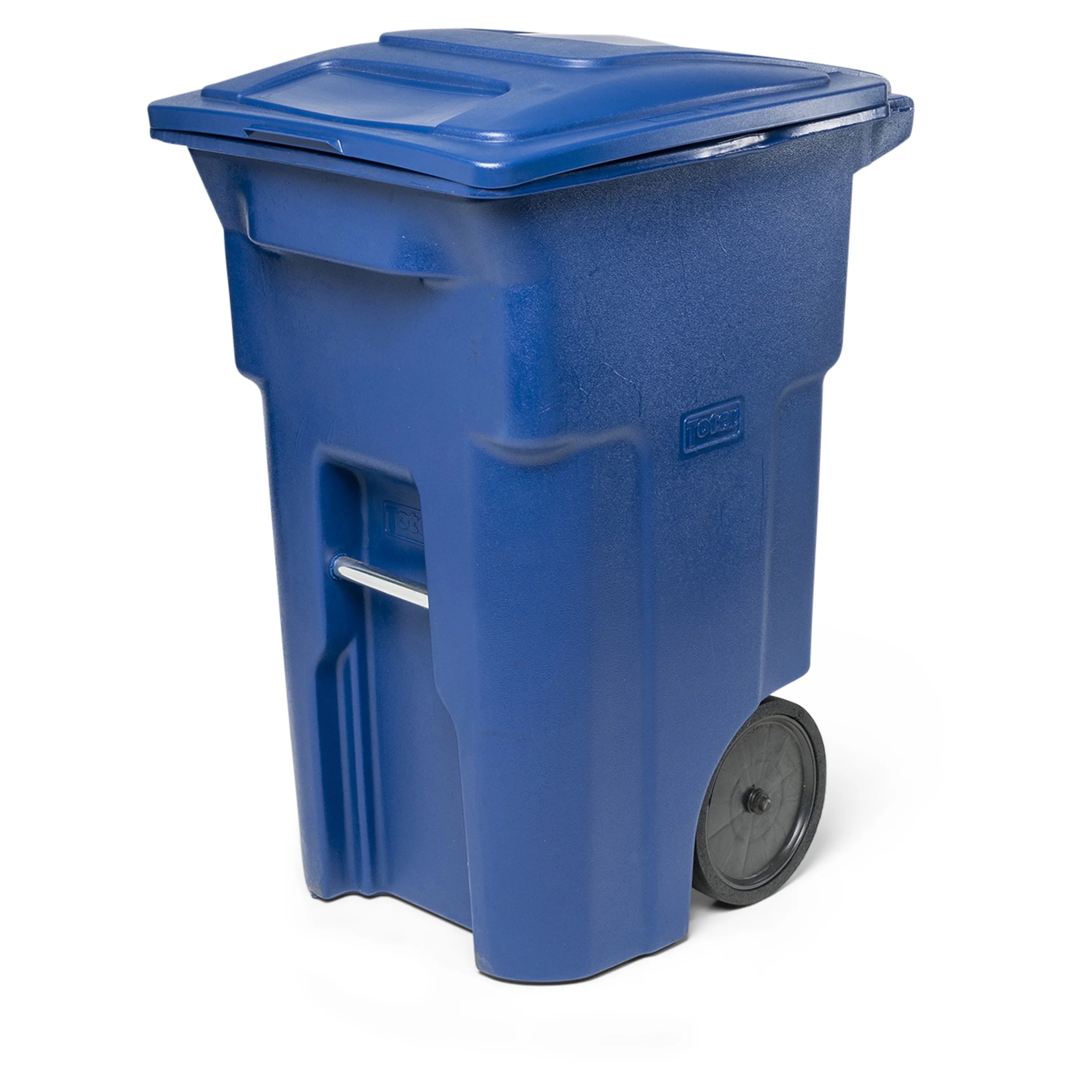 Toter 64Gallon Blue Polyethylene Trash Can With Quite Rubber Wheels