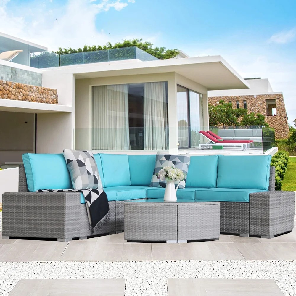 Zeeyh Garden Rattan Furniture Sets, 6 PCS PE Wicker Outdoor Sofa Set