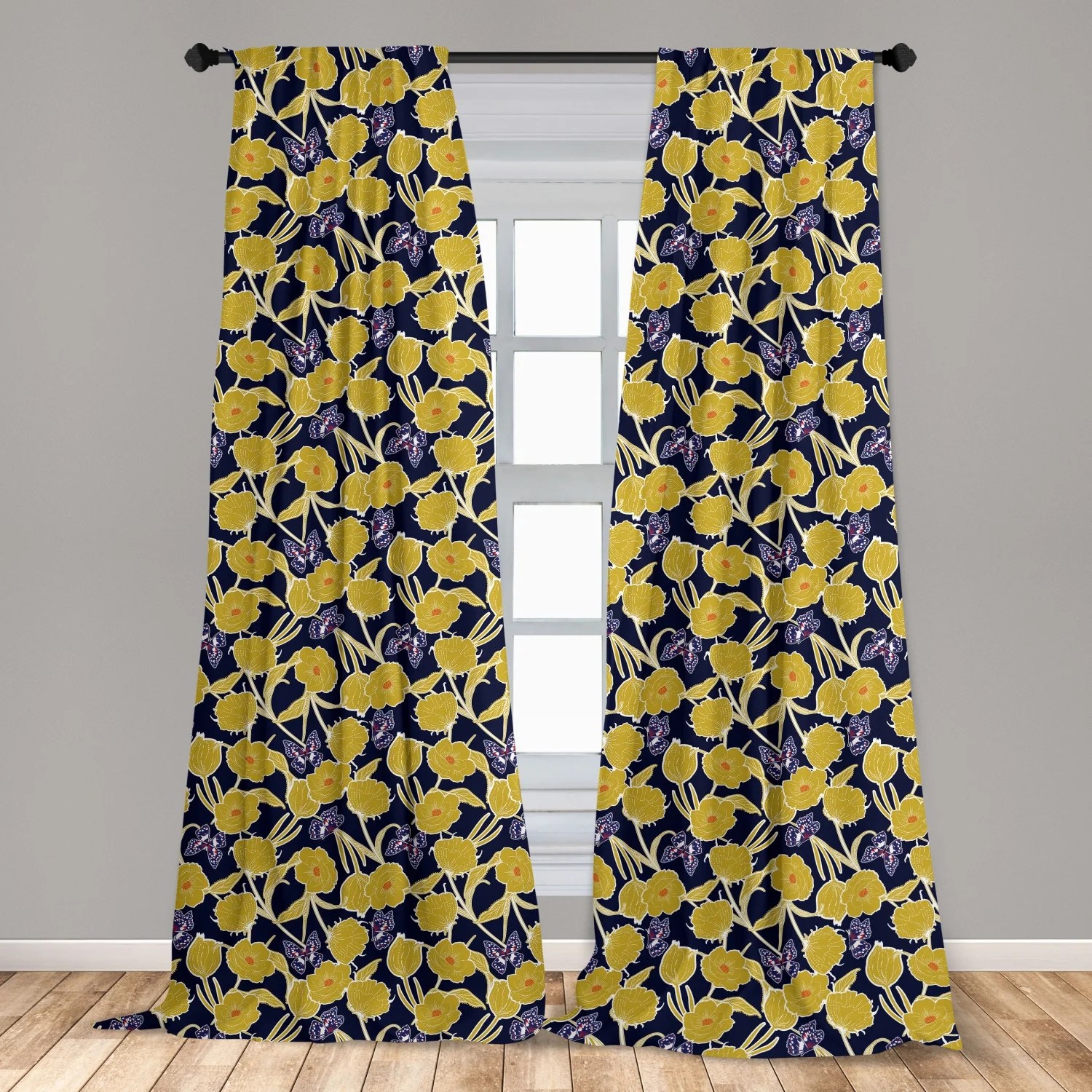 Spring Curtains 2 Panels Set, Pattern with Flowers and Butterflies