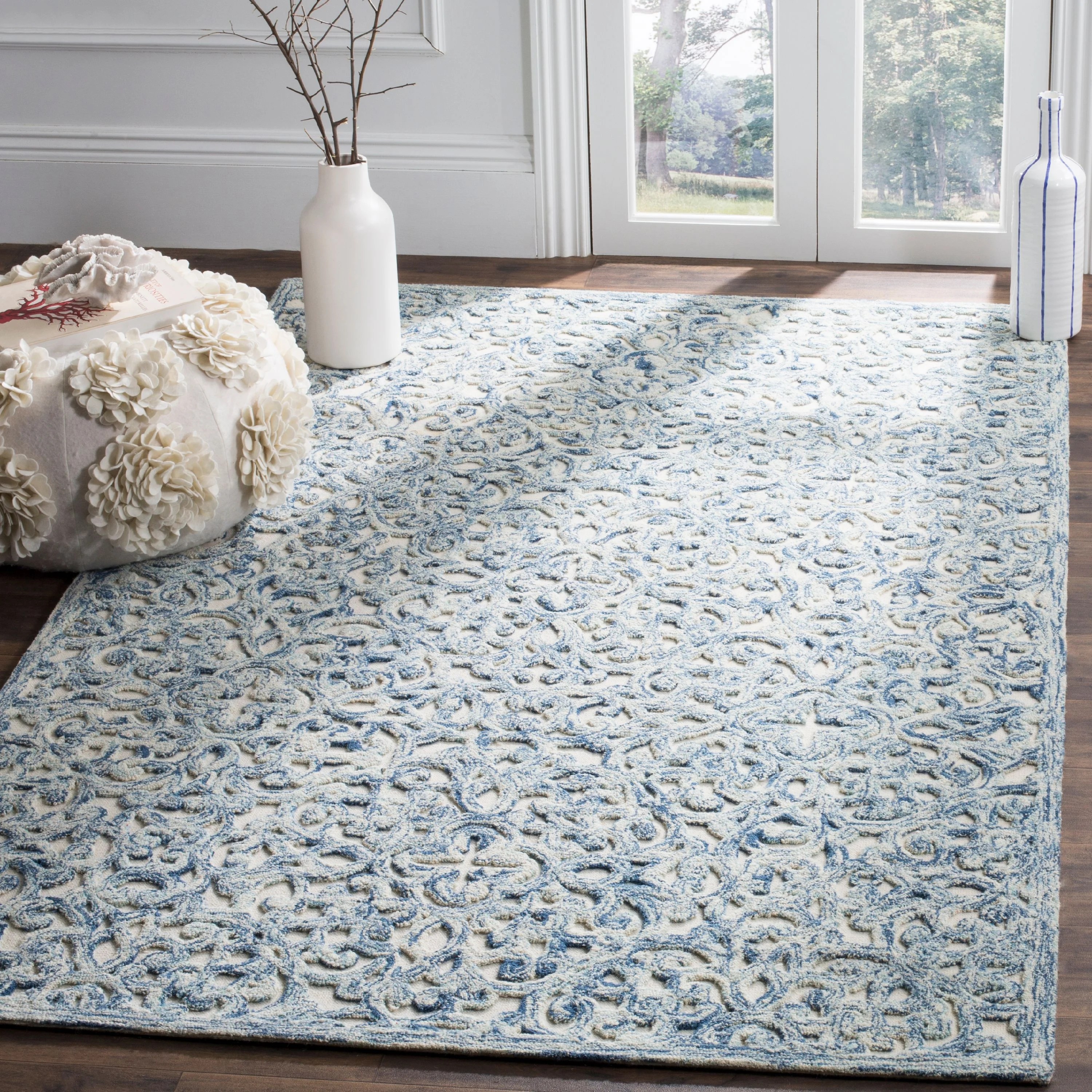 SAFAVIEH Trace Bryan Geometric Floral Wool Area Rug, Blue/Ivory, 8' x